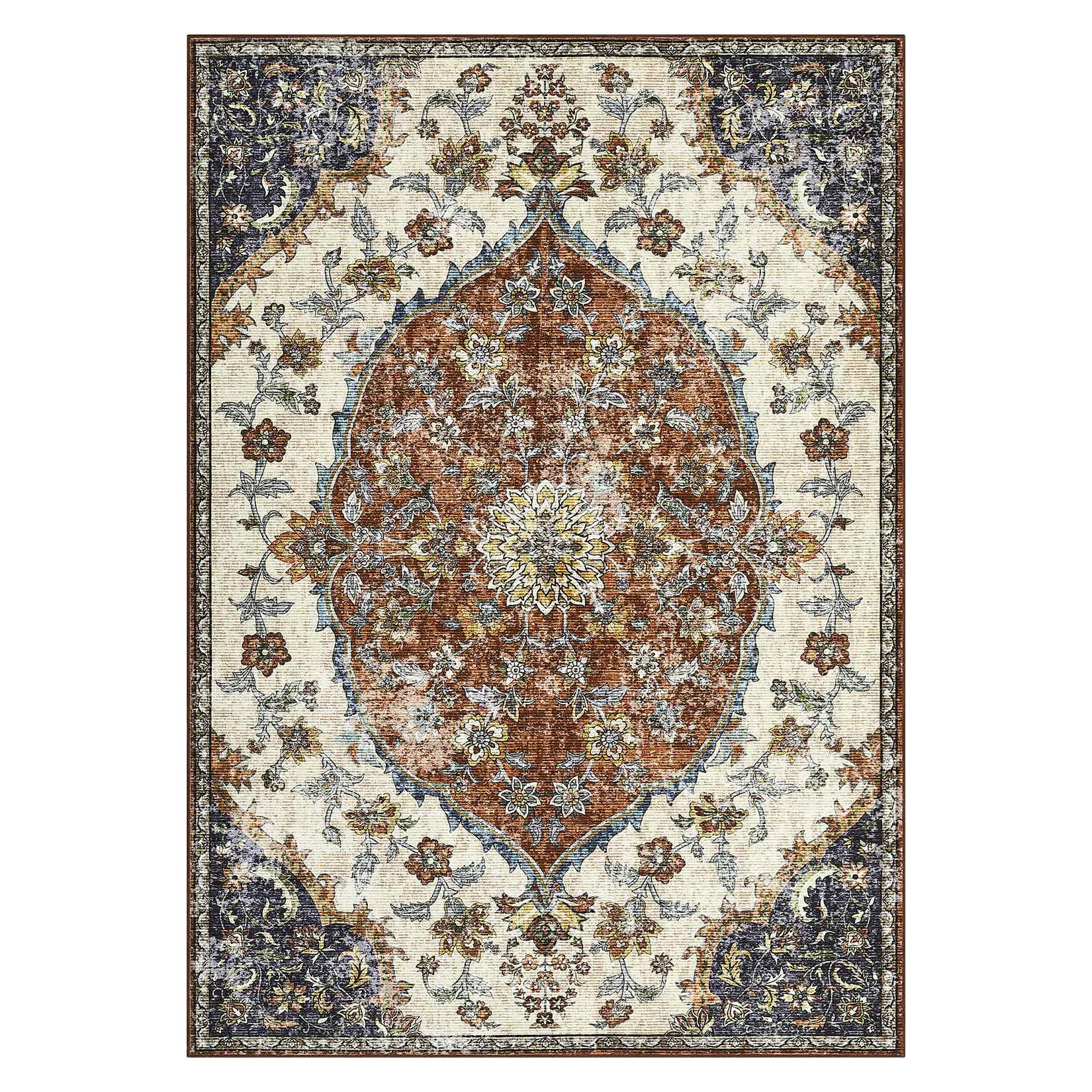 Qeetex LSN-PHK-33GLGX93 8 x 10 ft Polyester Cashmere Imitation Red Rectangular Hallway Bathroom Entryway Kitchen Office Foldable Flower Printed Persian Washable Area Rug