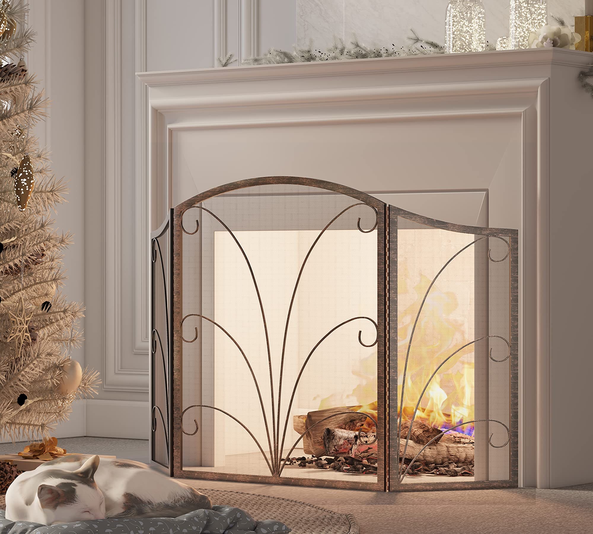 Afoxsos Three Panel Arched Childproof Fireplace Screen Handcrafted Scroll Wrought Iron Spark Guard Cover Brushed Copper Finish #LAF0820F205