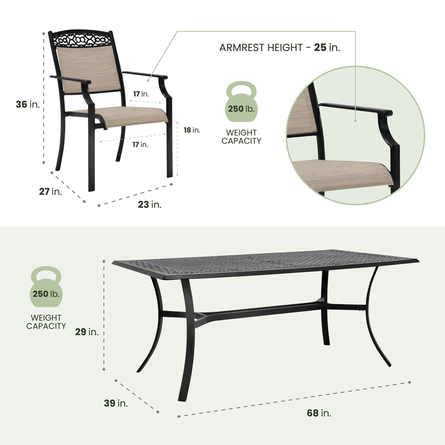 Elegant Rustic 7-Piece Outdoor Dining Set with Cast-Top Table and Sling Chairs