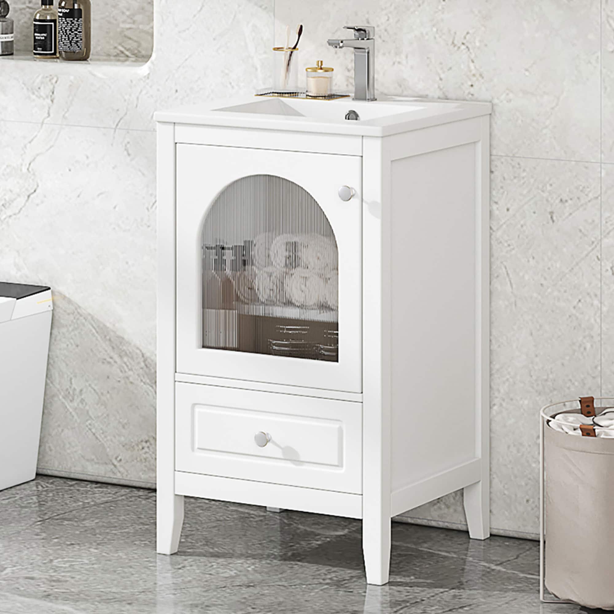 Tatayosi - 20inch White Bathroom Vanity with Sink Cabinet Soft Closing Glass Door 1 Drawer