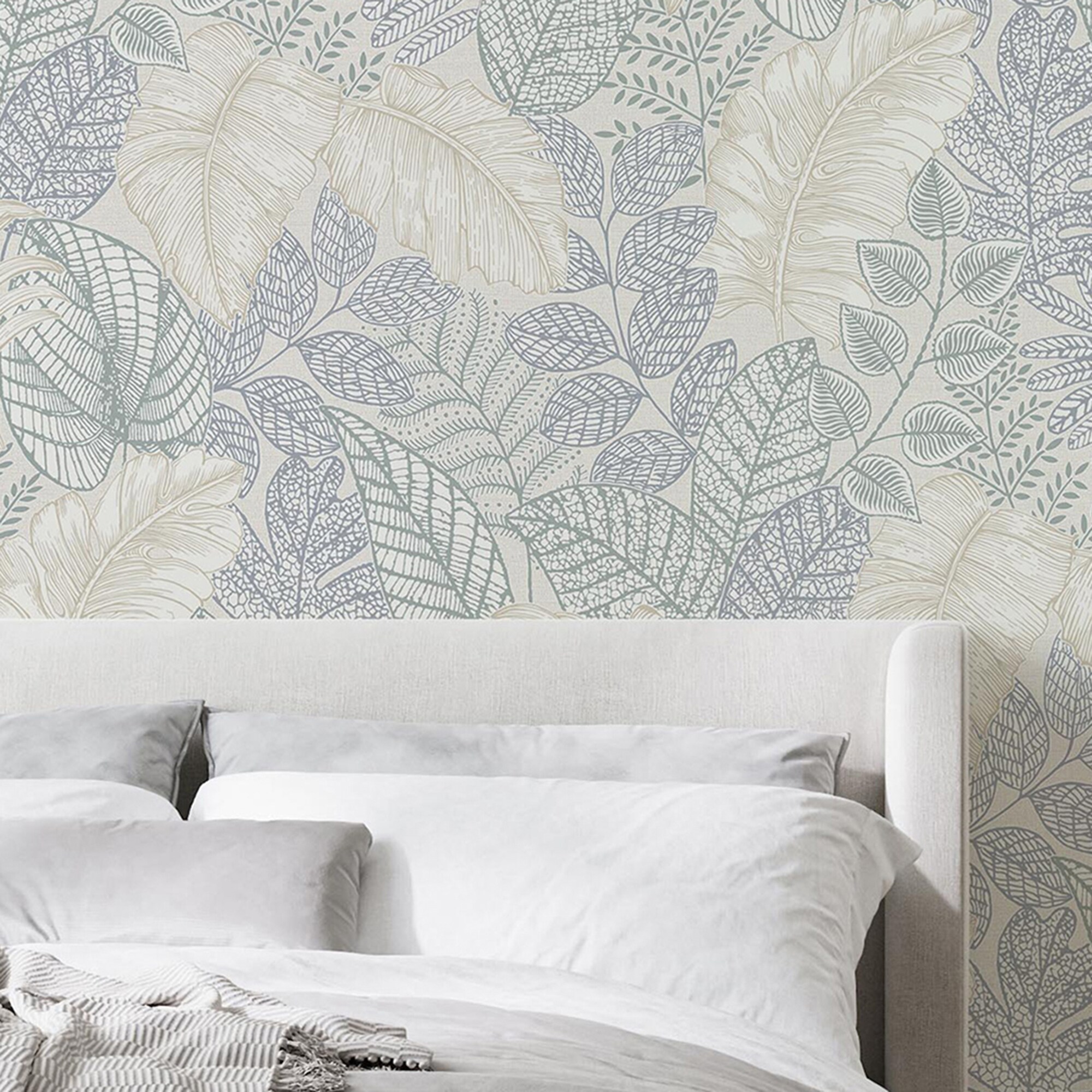 Scattered Leaves Blue and Beige Metallic Wallpaper