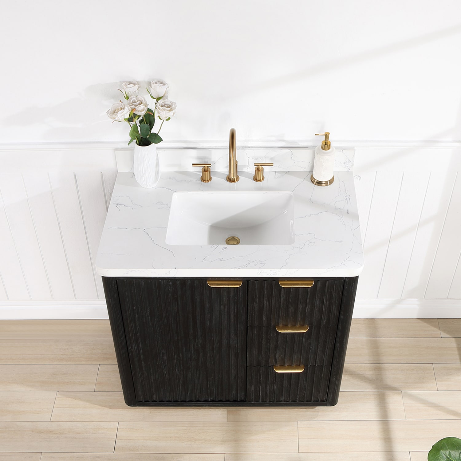 Cadiz 36-inch Black Oak Single Sink Vanity with White Engineered Stone Top