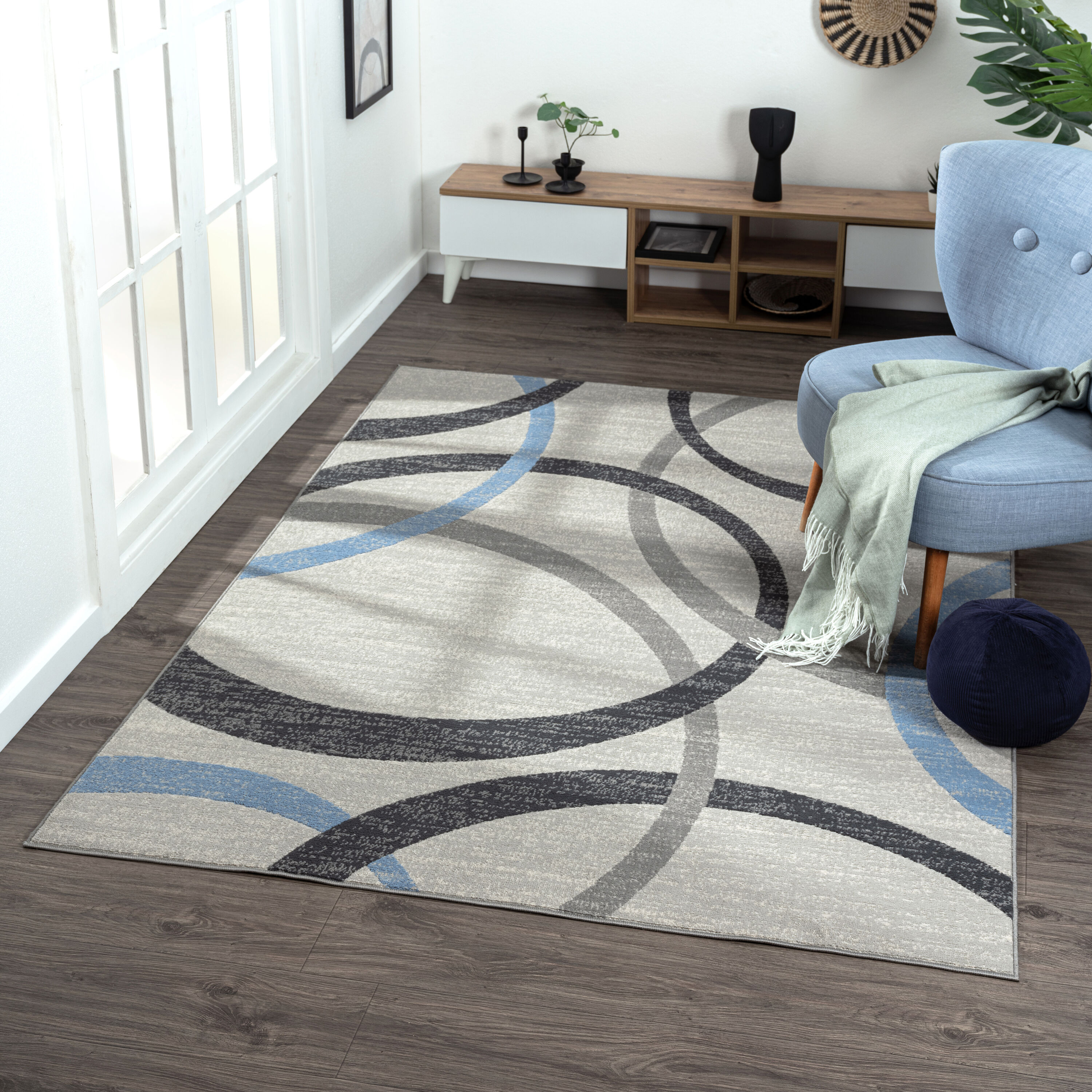 LR Home 9133A1590304J8 Riley 5 x 7 (ft) Loomed Polyester Blue/Gray Rectangular Indoor Geometric Area rug