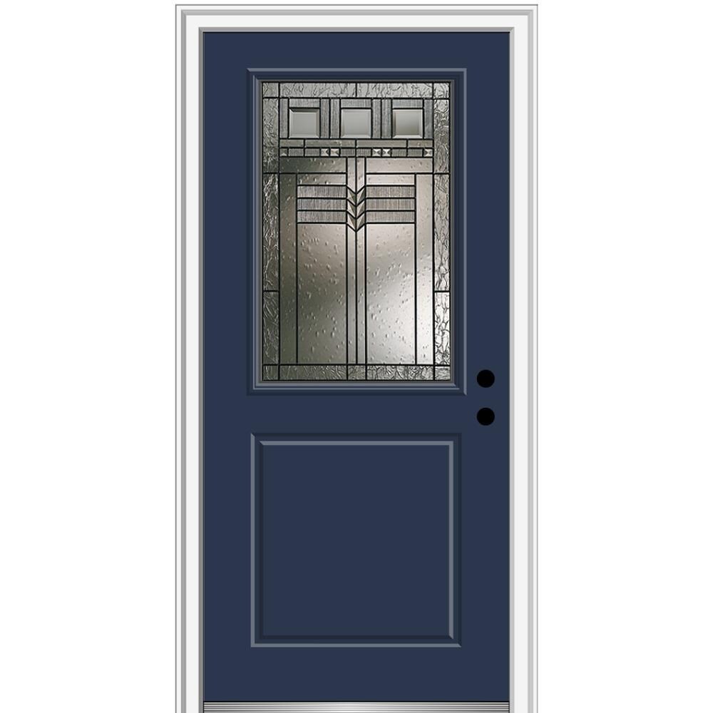 MMI DOOR ZZ3664044L 36-in x 80-in x 4-9/16-in Fiberglass Half lite Left-hand inswing Naval Painted Prehung Front Door with Brickmould Insulating core