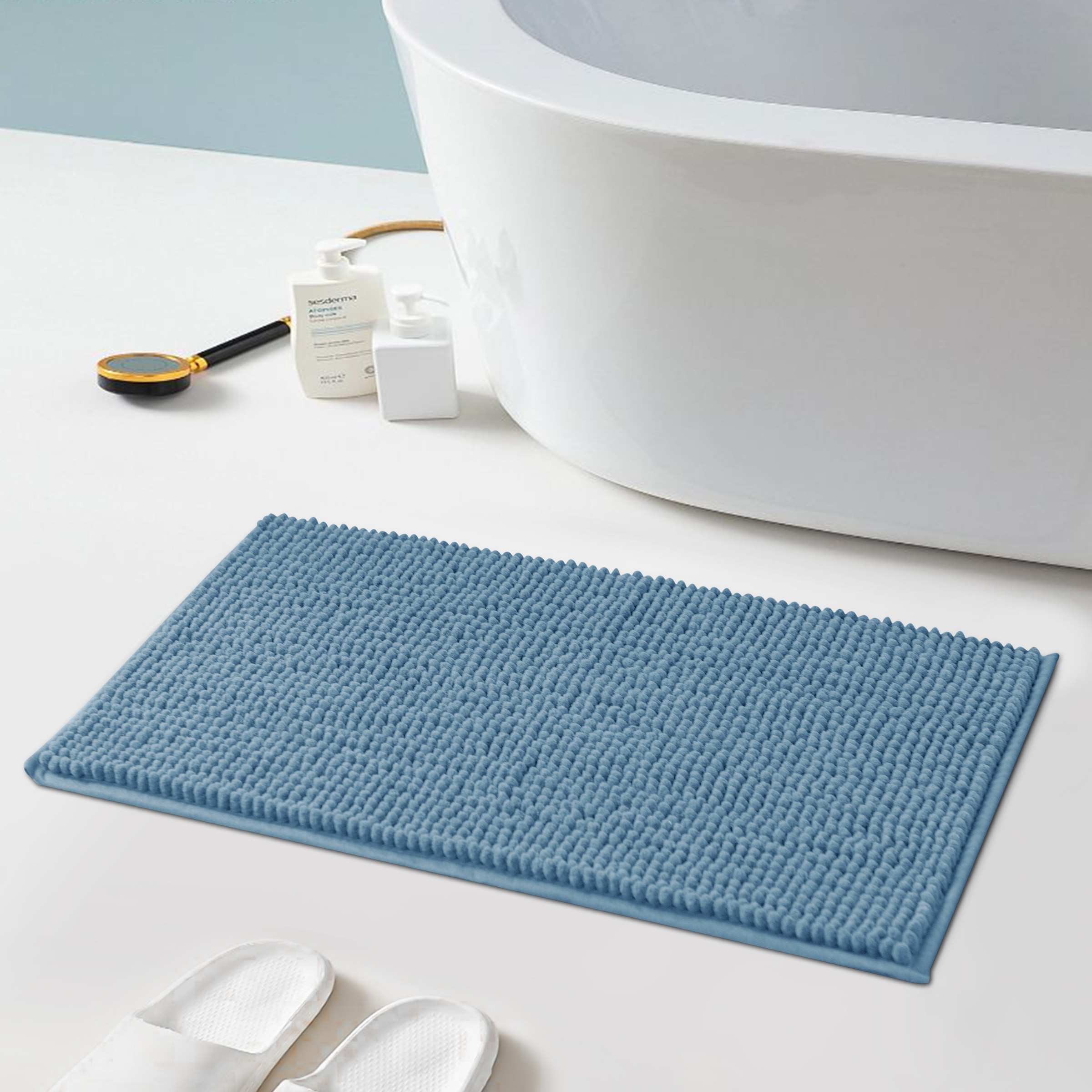Subrtex Luxury Chenille 24-in x 60-in Stone Blue Polyester Bath Rug in the Bathroom  Rugs & Mats department at
