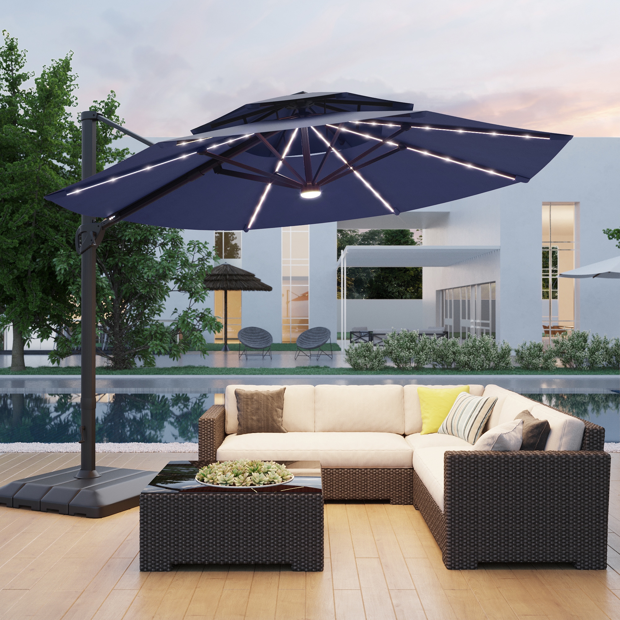 ACEGOSES LW-LED34GY-H-B 11-ft Aluminum Light blue No-tilt Cantilever Patio Umbrella with Lights with Base