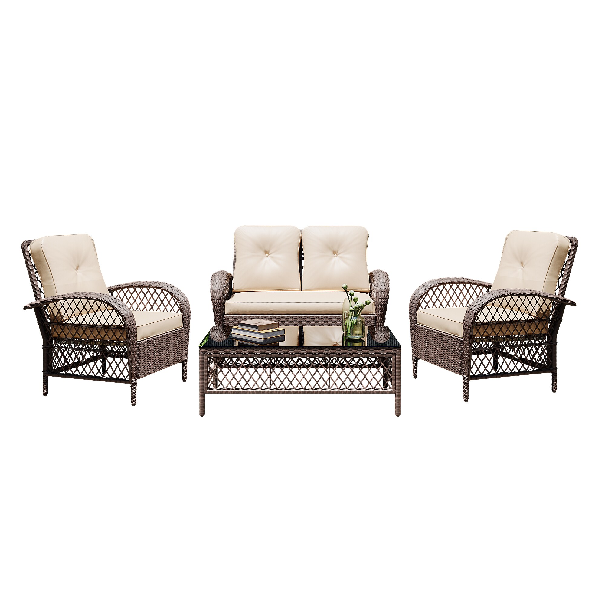 Patio Watcher LH4-B-BEIGE 4-Piece Rattan Patio Conversation Set with Off-white Cushions