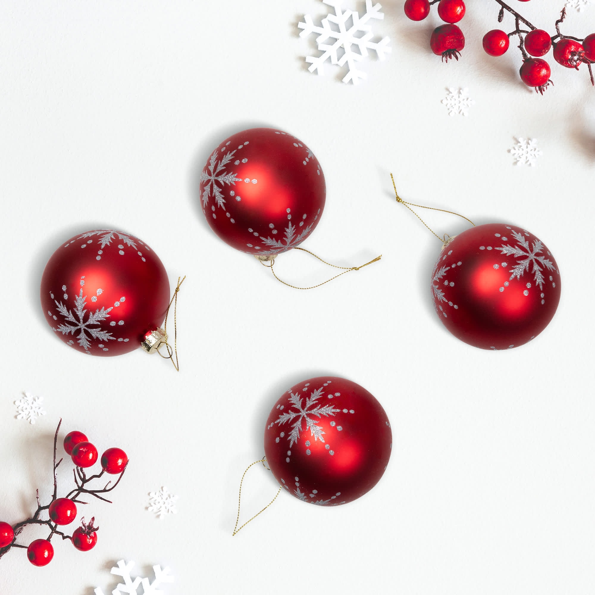 Northlight - Glittered Snowflakes Matte Finish Glass Ball Christmas Ornaments - 3 inch (75mm) - R...