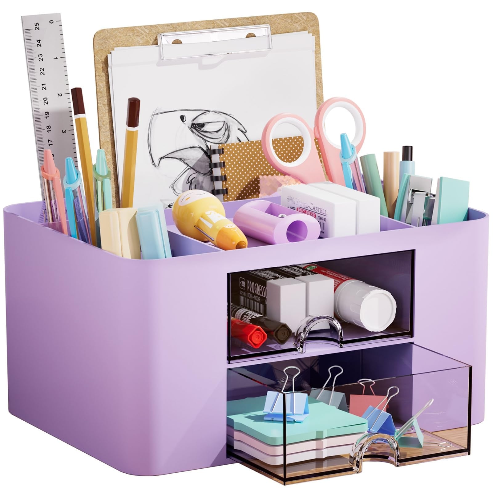KIWDZFU  Pen Organizer with Two Drawers Multi Functional Pencil Holder with Five Compartments for Desk Office and Art Supplies Purple