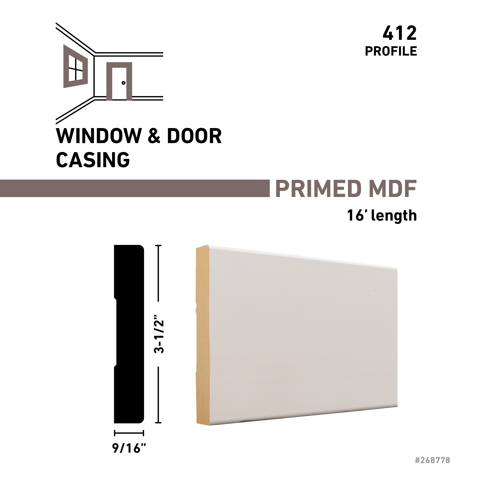 RELIABILT 41216FBDPM 19/32-in x 3-1/2-in x 16-ft Primed MDF 412 Casing