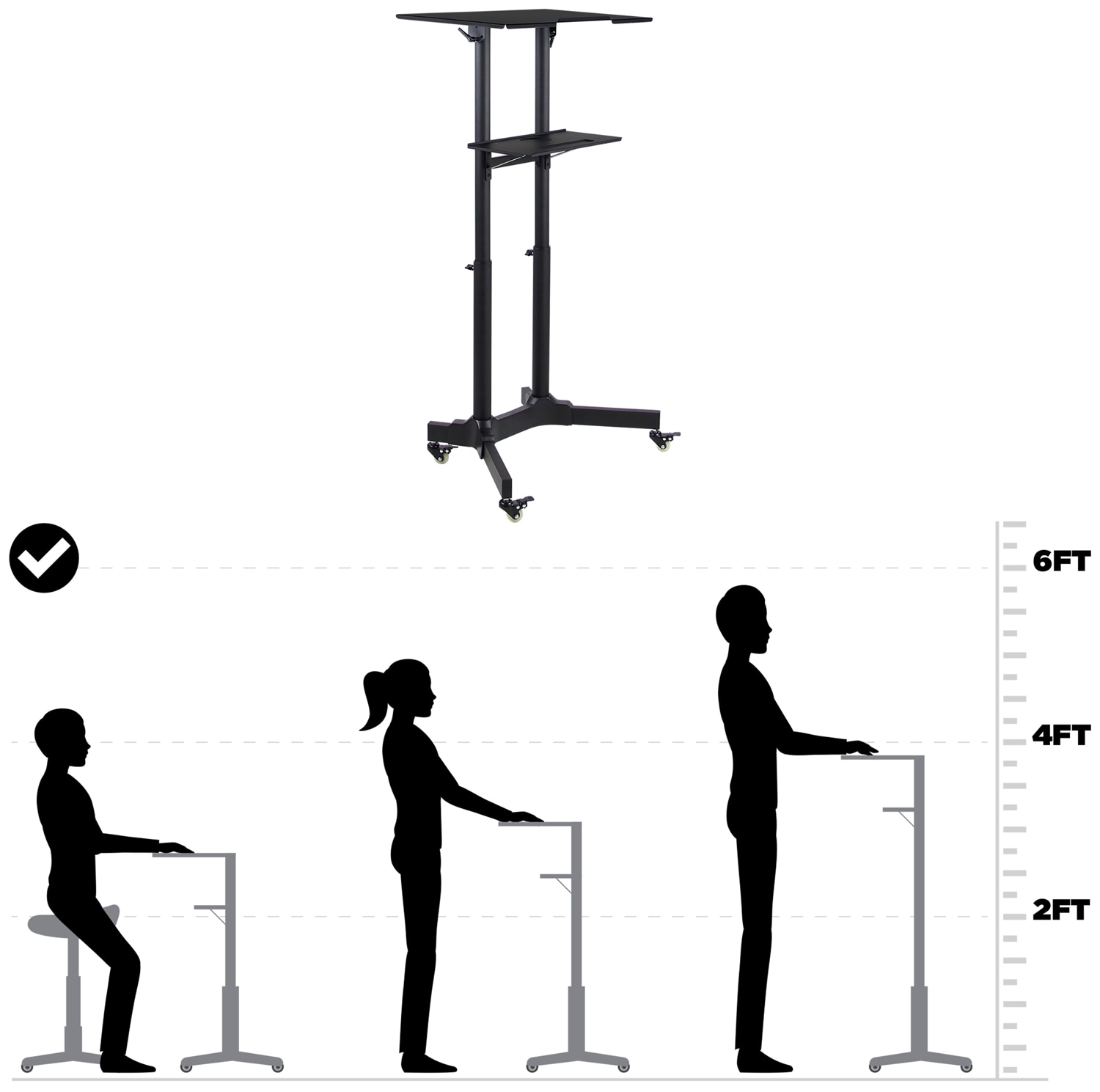 Black Aluminum Adjustable Mobile Standing Desk with Casters