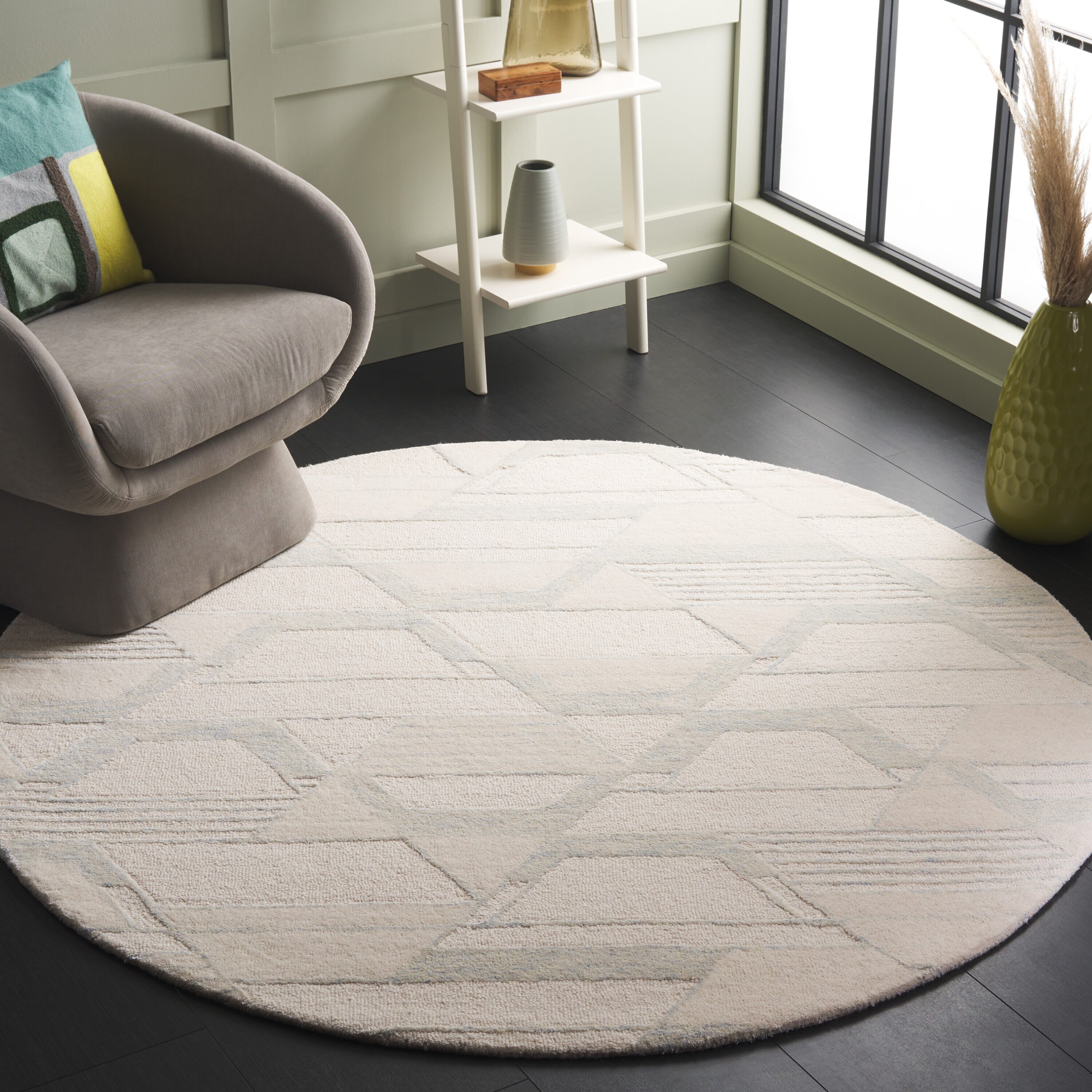  Mykonos 102 Ivory/Blue Contemporary 6ft x 6ft Round Rug