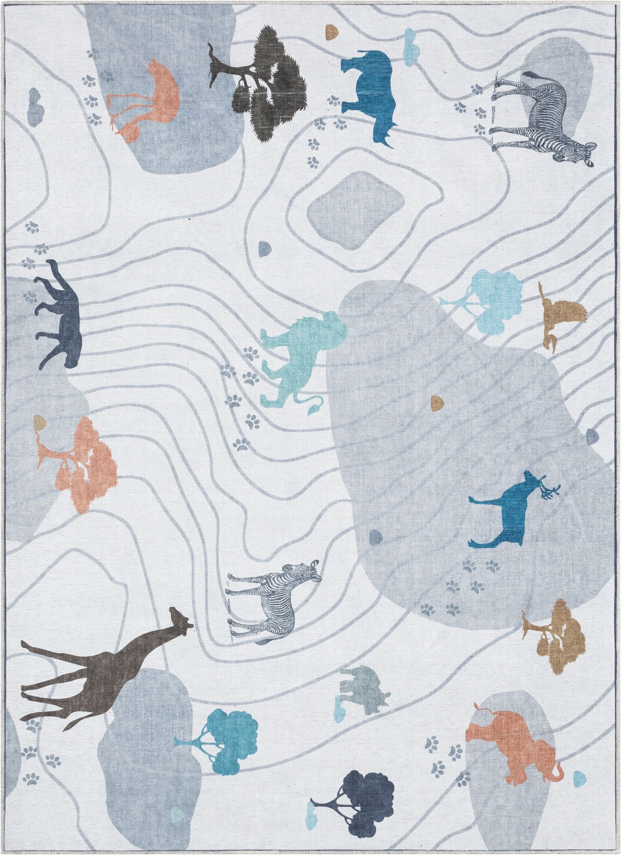 Gray Safari Animal Print Polyester Kids Area Rug 5' x 7'