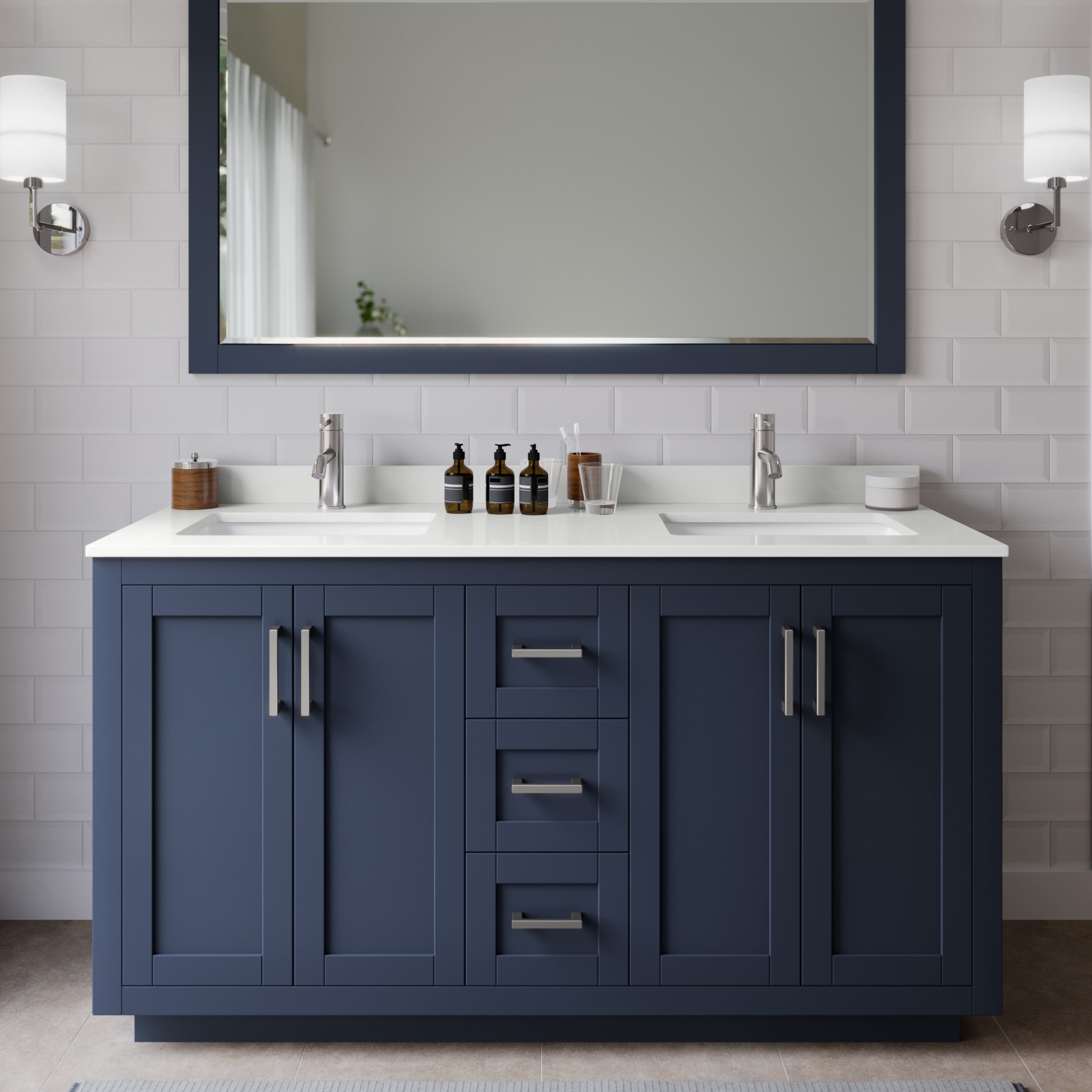 Wyndham Collection WCF292960DBNWQUNSM58 Miranda 60-in Dark Blue Undermount Double Sink Bathroom Vanity with White Quartz Top (Mirror Included)