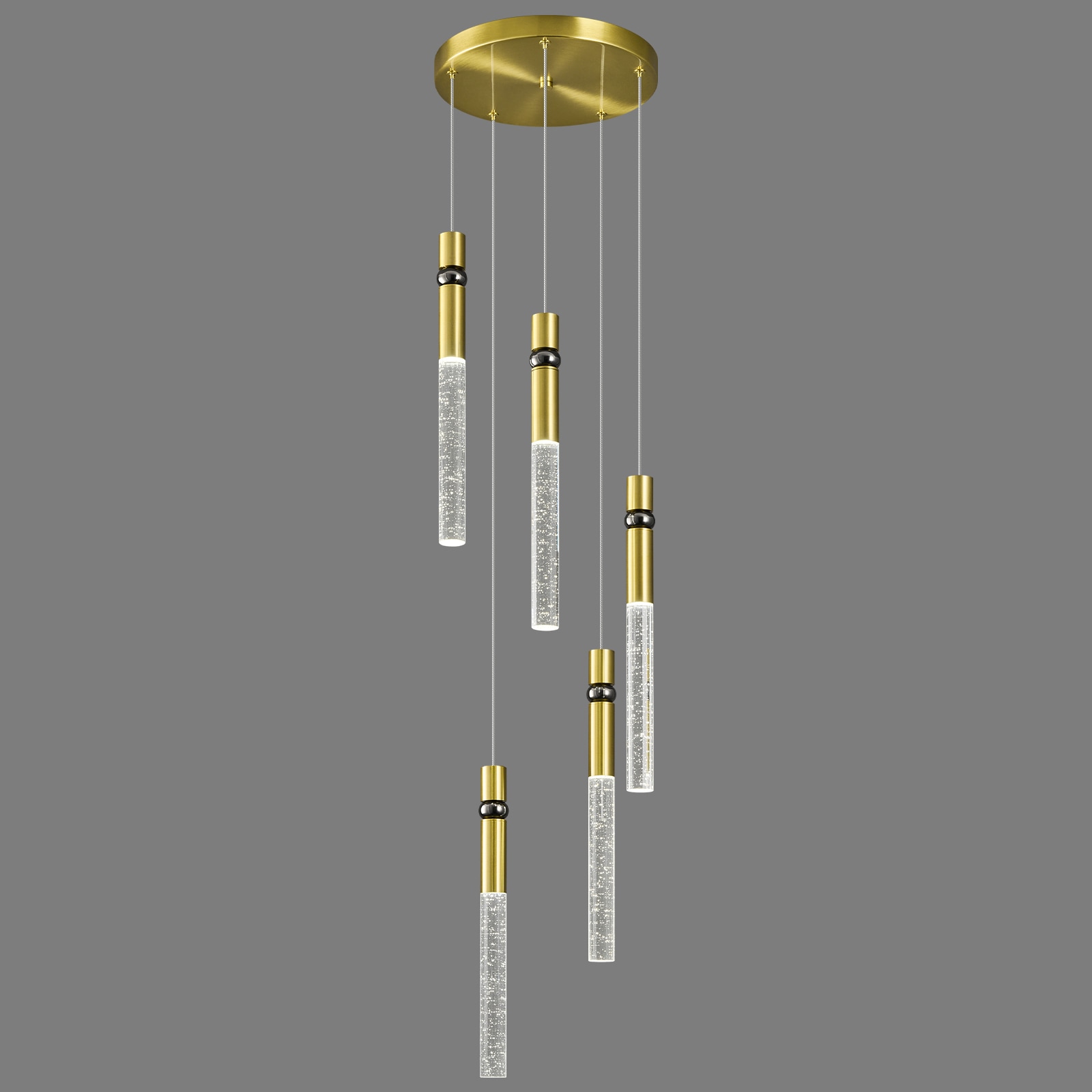 ZHLLMQ Modern 5-Light Cascading Multi Drop Style Gold Finish Bubble Infused Crystal Cylinder Shaped Integrated LED 11.81 Inch Kitchen Island Hardwired Multi Pendant Chandelier