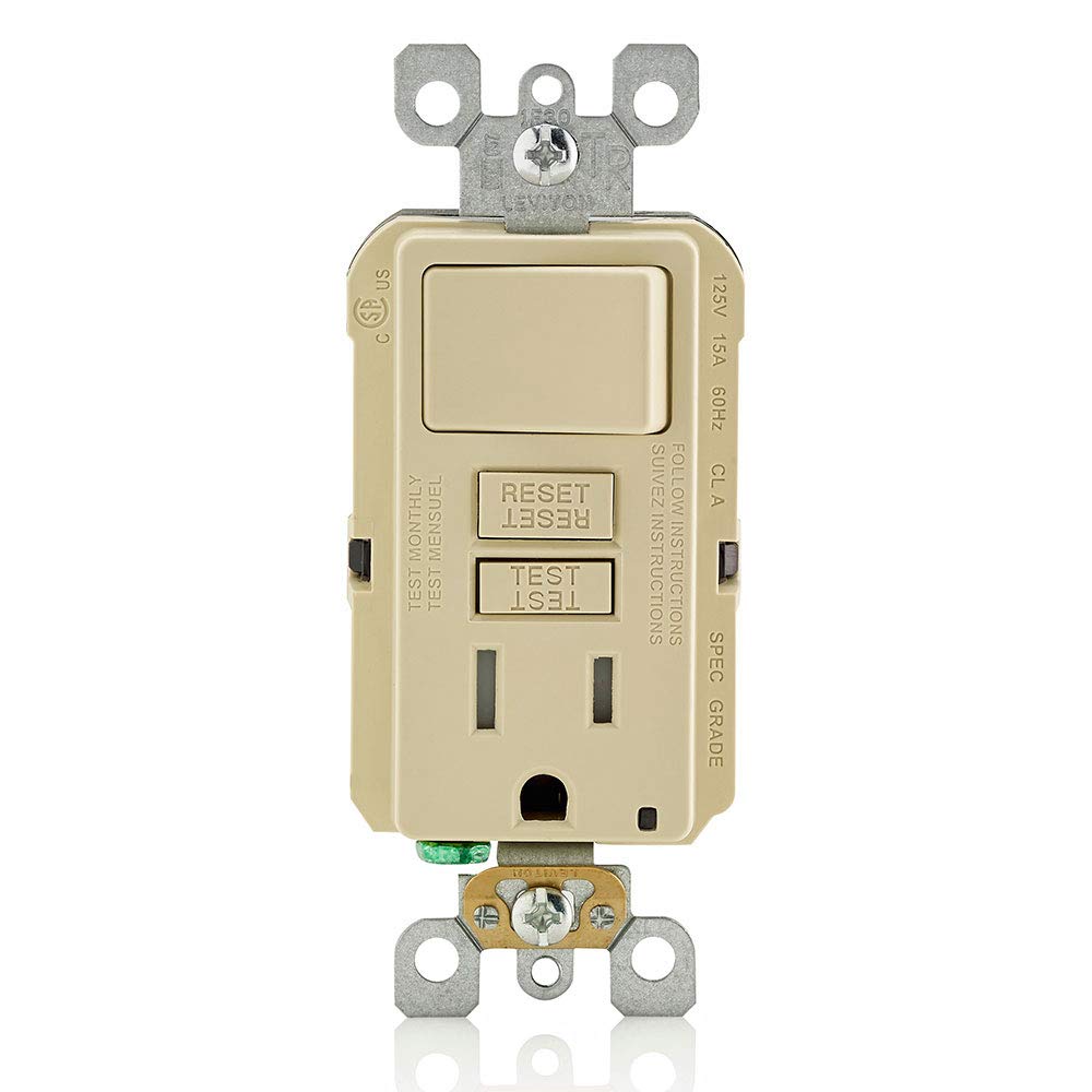 Leviton  15 Amp GFCI Outlet with Switch and LED Indicator - Space-Saving Design in Ivory