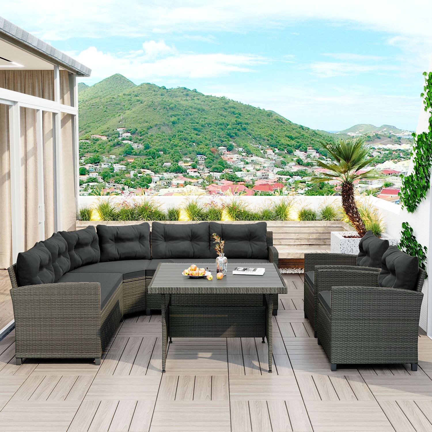 Mondawe 6 Piece Rattan Patio Conversation Set with Gray Cushions