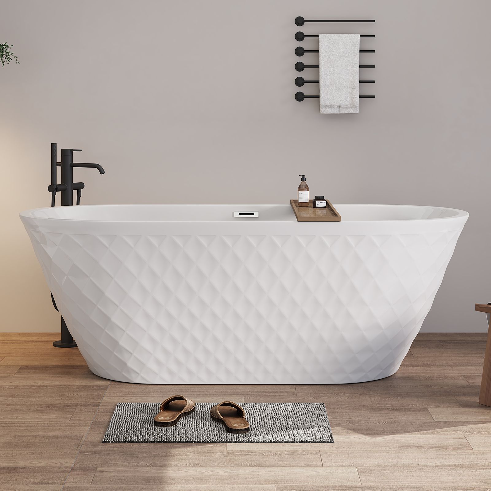 WELLFOR GTL-P280847 59-in x 31.5-in Glossy White Acrylic Oval Freestanding Soaking Bathtub with Drain ( Center Drain )