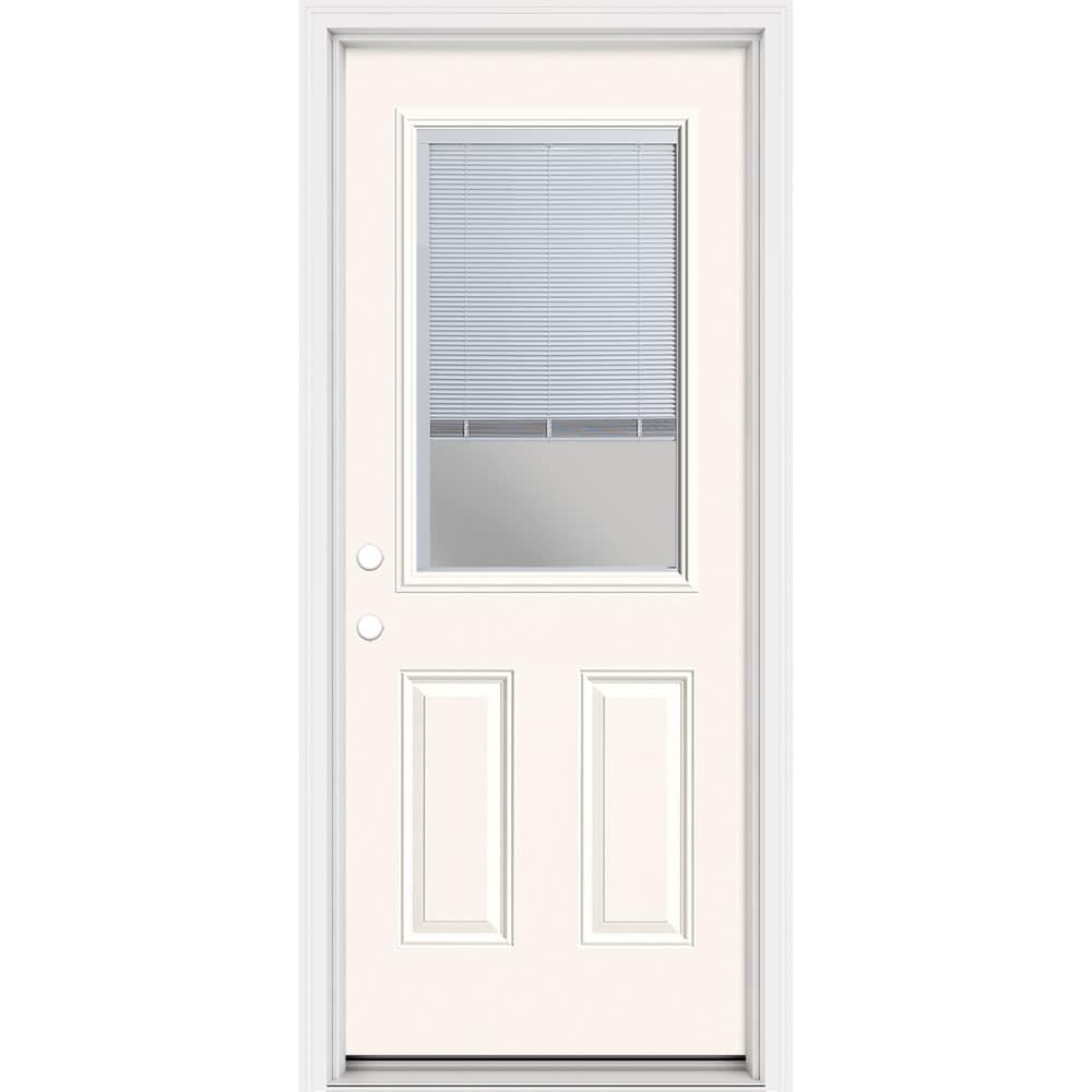 Masonite 321474 Steel Doors Series 32-in x 80-in x 4-9/16-in Steel Half lite Right-hand inswing Modern White Painted Prehung Front Door with Brickmould Insulating core