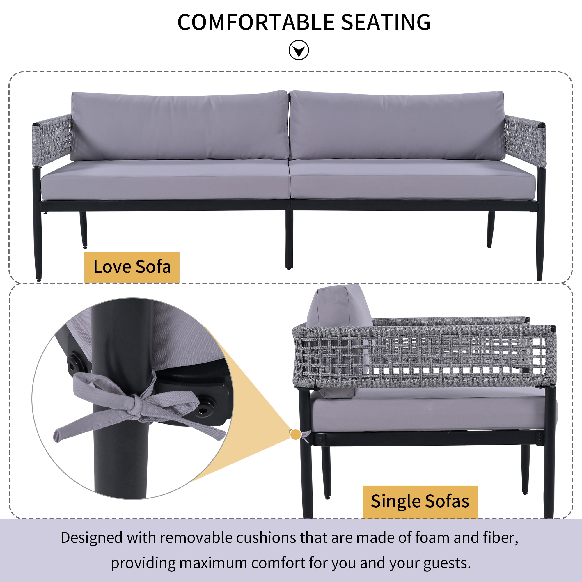 Forclover 4-Piece Patio Sofa Conversation Set with Gray Cushions ALUS ...