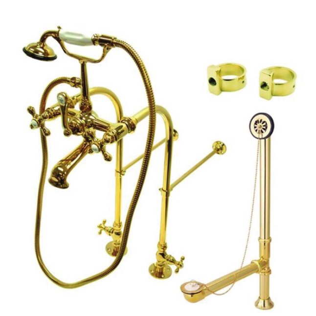 Kingston Brass CC305T2 Vintage Leg Tub Filler with Hand Shower Wall Angle Arm Polished Brass 