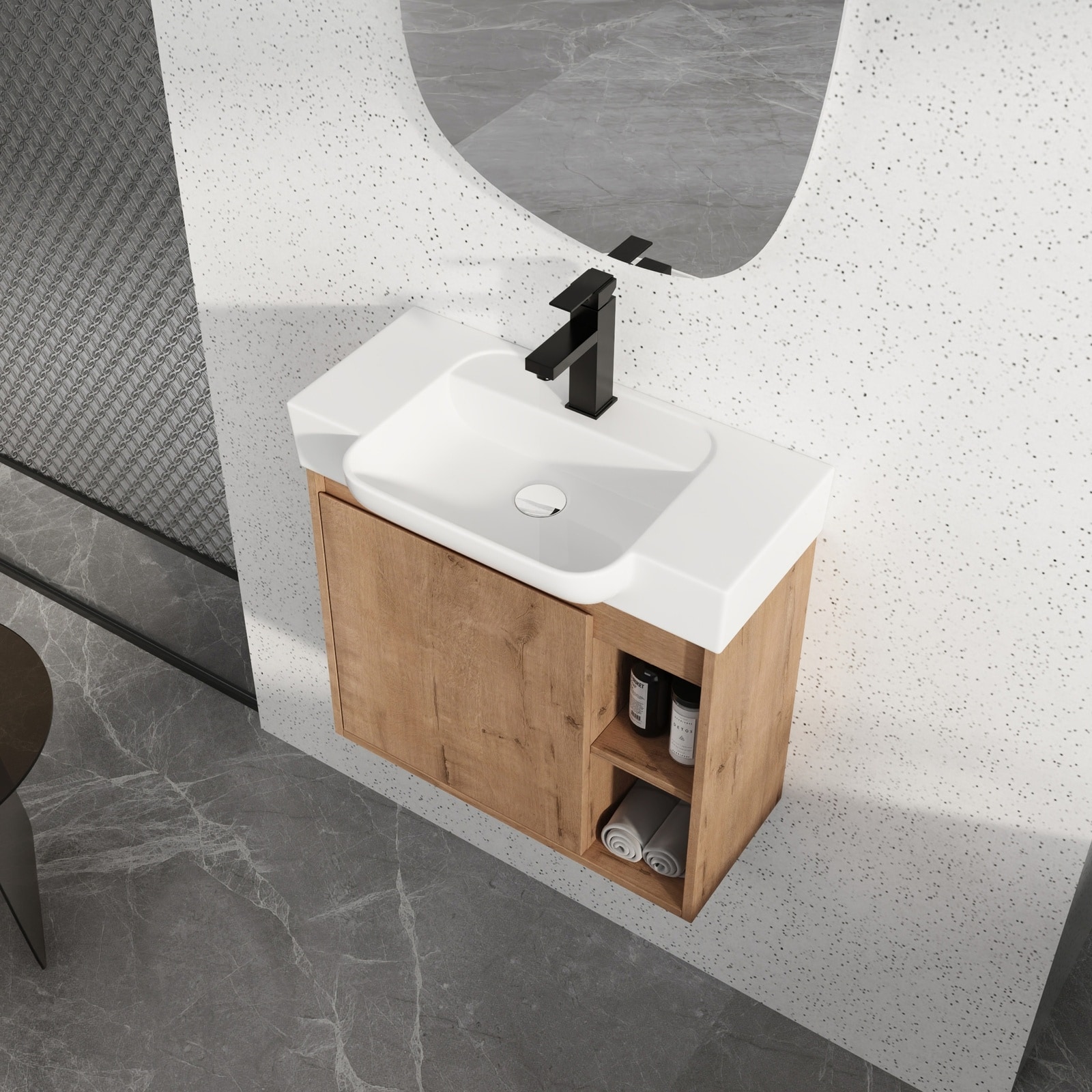 LIVACA 24 inch Imitative Oak Plywood Wall-Mounted Bathroom Vanity with White Ceramic Sink and Soft-Close Door