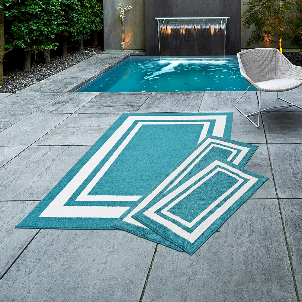 Garland Rug LF050M3P18A6 Borderline Multiple sizes (ft) Tufted Polypropylene Teal/White Rectangular Indoor/Outdoor Border Lodge Rug set