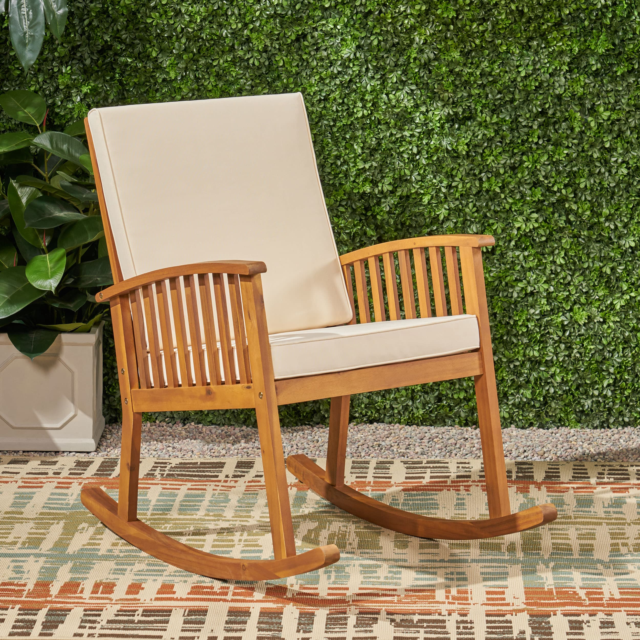 Casa Brown Acacia Wood Rocking Chair with Beige Cushions