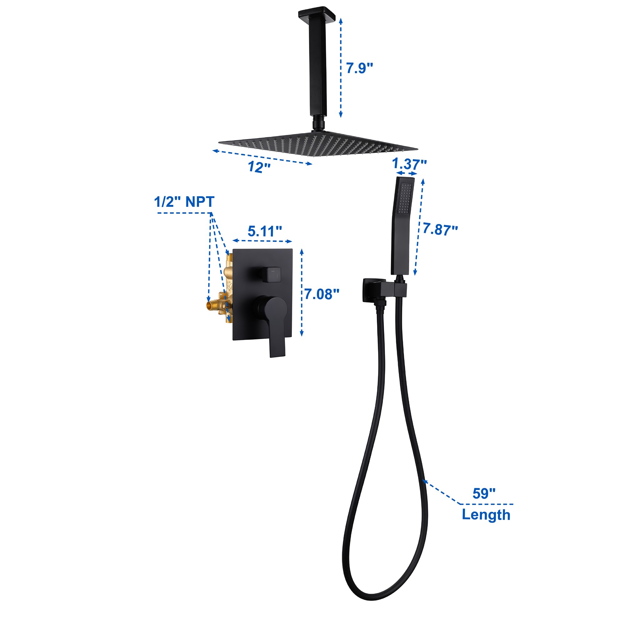 WELLFOR Matte Black 12-in Waterfall Dual Head Built-In Shower Faucet ...