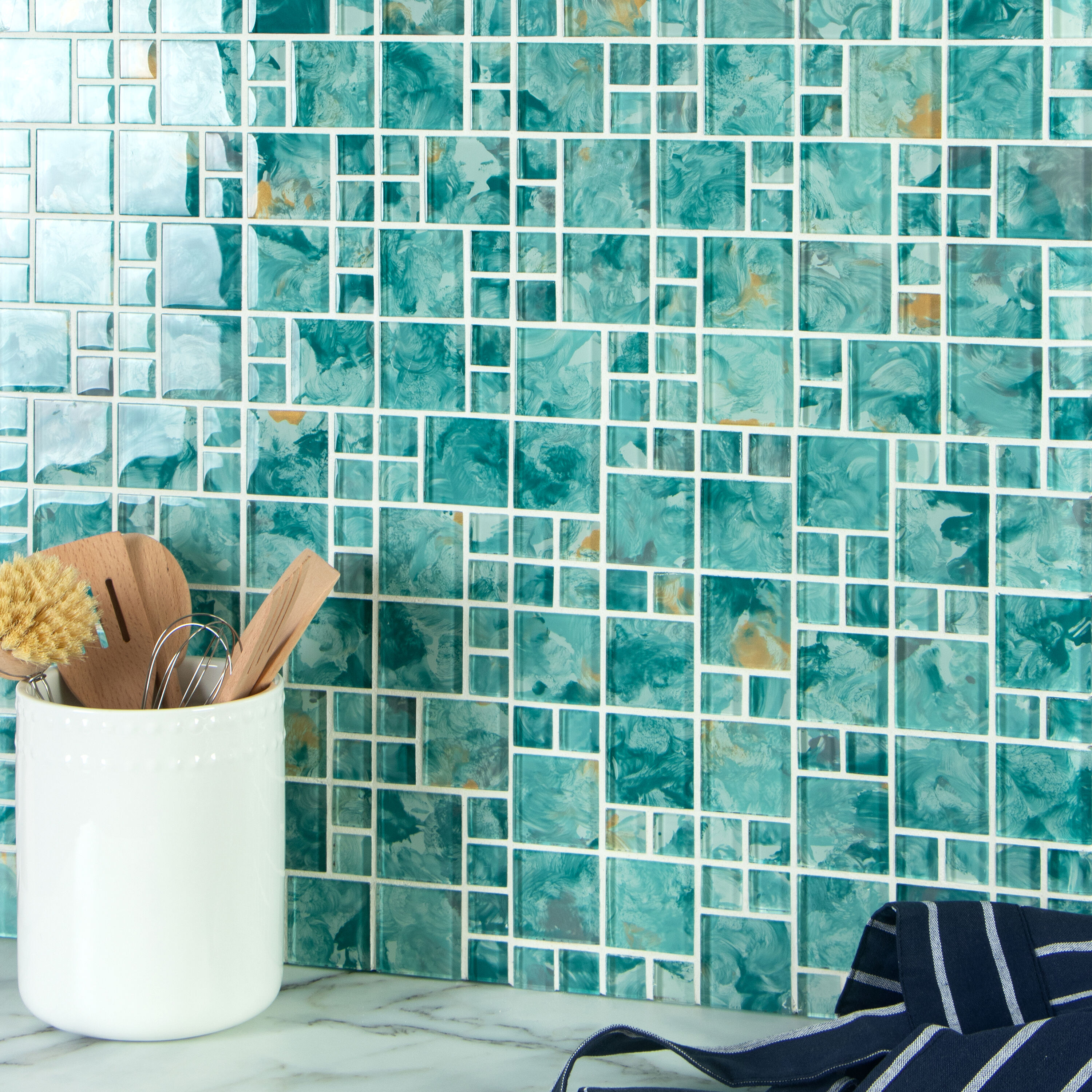 Caribbean Teal Hand-Painted Glass Mosaic Tile