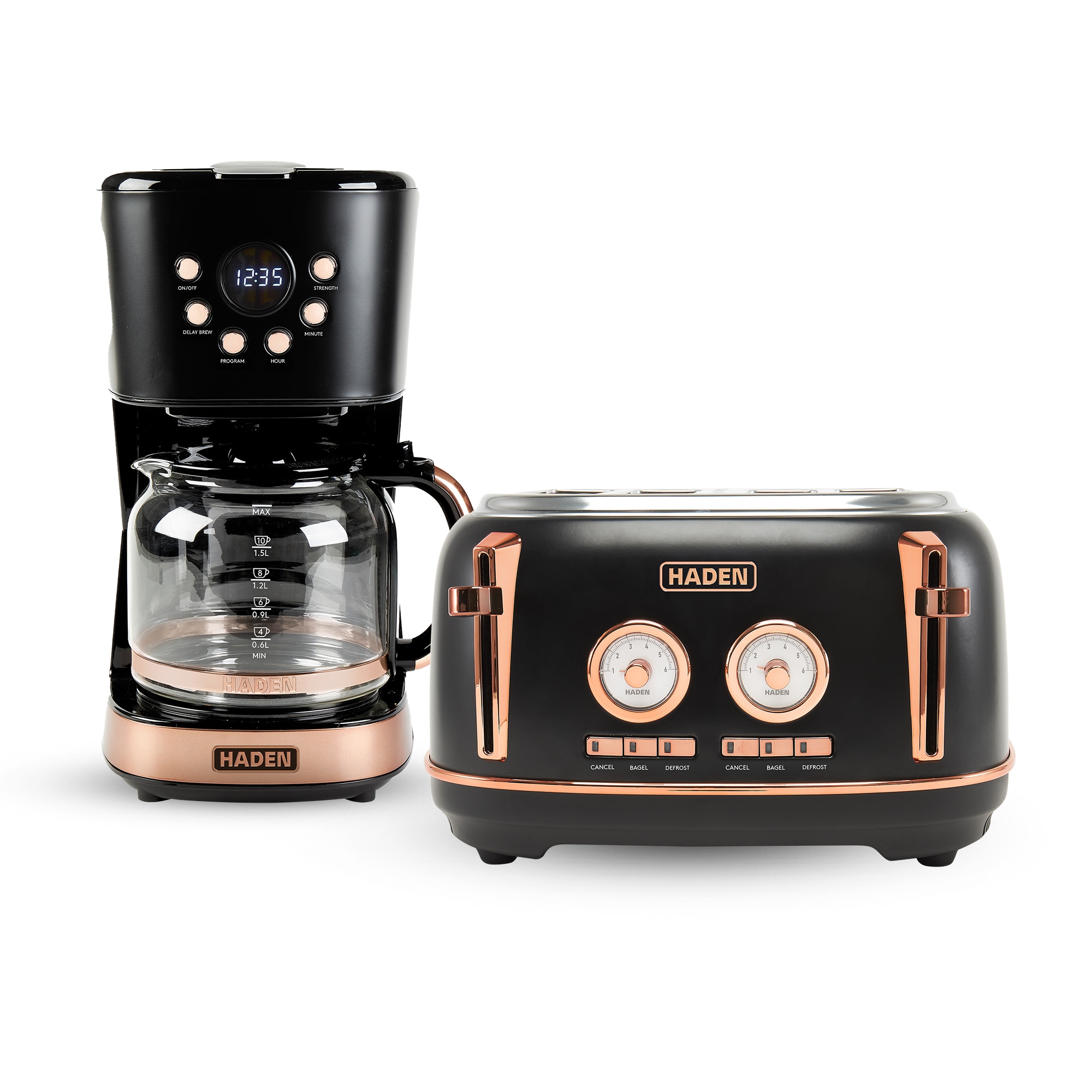 Haden  Dorset 4 Slice Wide Slot Toaster and 12 Cup Coffee Maker Black and Copper