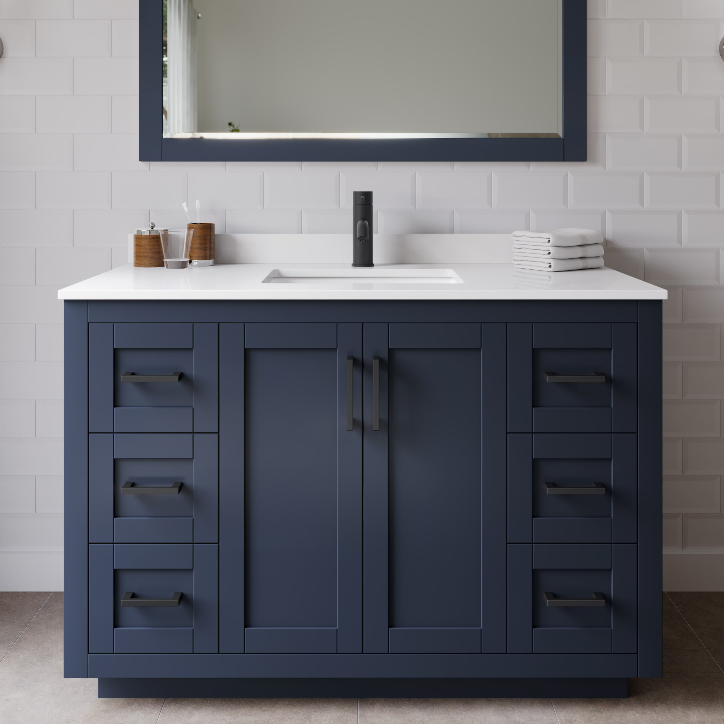 Wyndham Collection WCF292948SBBWCUNSMXX Miranda 48-in Dark Blue with Matte Black Trim Undermount Single sink Bathroom Vanity with White Cultured Marble Cultured marble Top