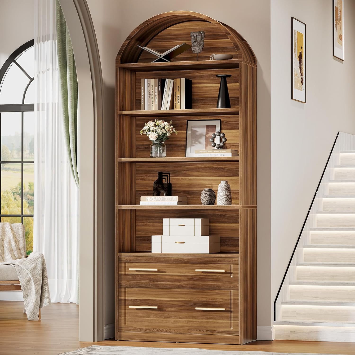 Tribesigns Walnut Brown 2 Drawers 5 Tier 76.7 inch H File Cabinet with Open Display Storage Shelves for Home Office Living Room