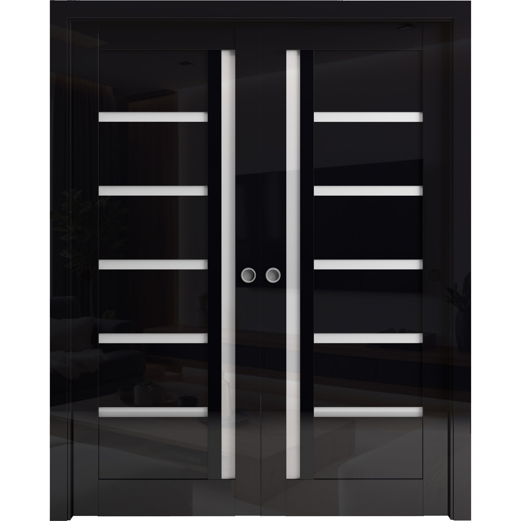 SARTODOORS Sliding Double Pocket Doors 48 x 80 inches - Quadro 4088 Gloss Black - Kit Rail Hardware - Solid Wood Interior Bedroom Doors