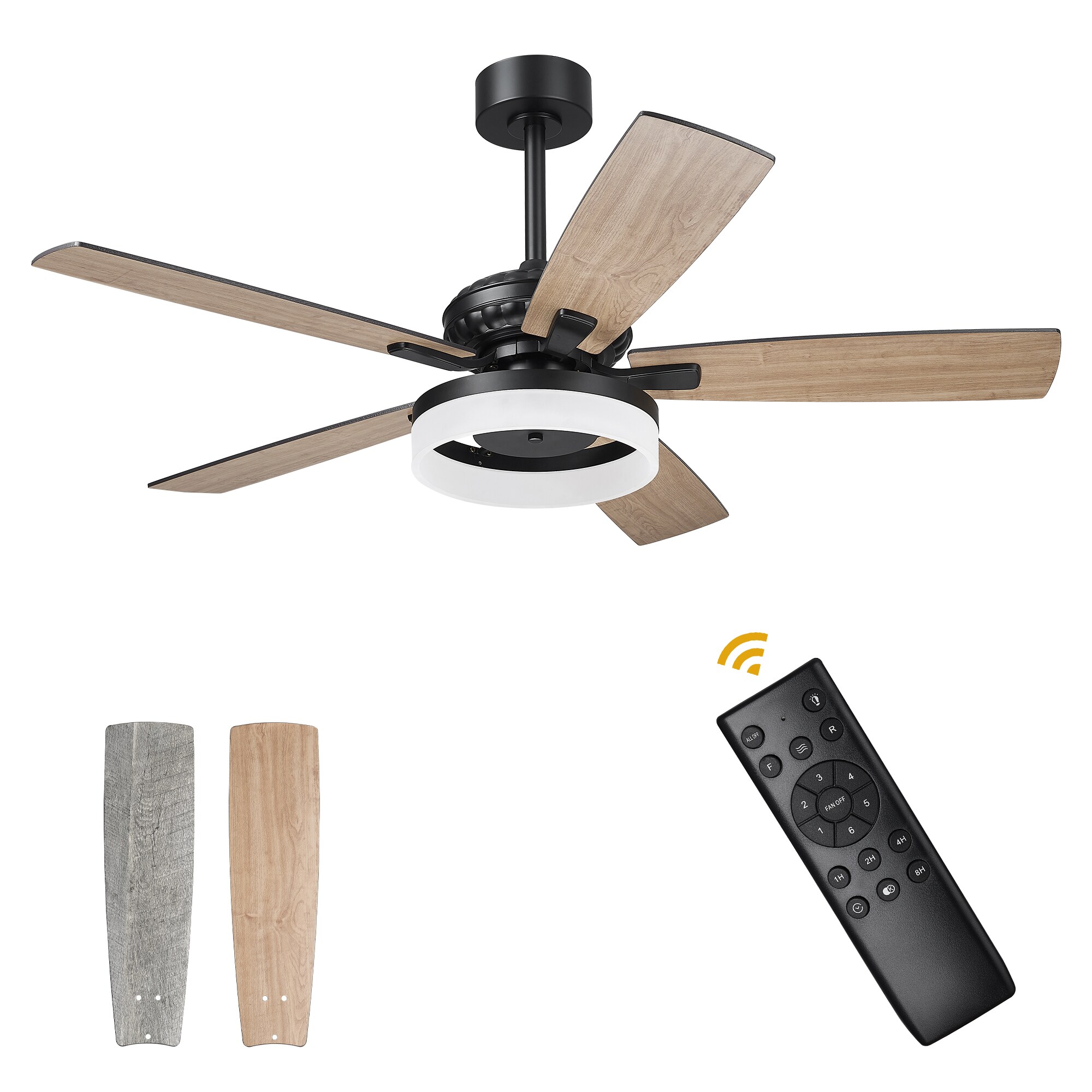 LTMATE LS9346B JAZAVA 52-Inches Matte Black with Wooden Blades Integrated LED Fixture Indoor Downrod mount Pendant Ceiling Fan With Light and Remote ( 5 -Blade)