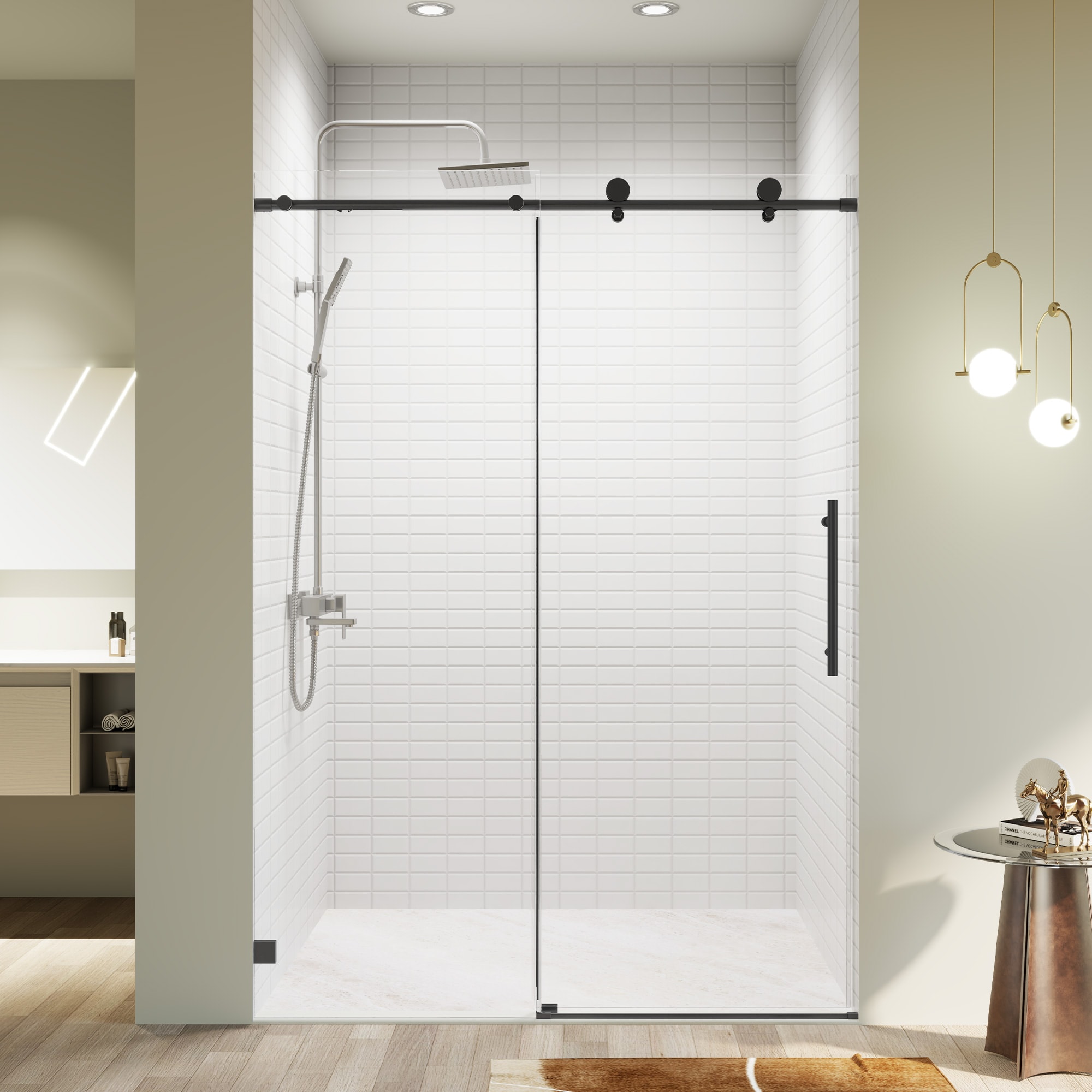 GDFStudio Modern 50-54 in.W x 76 in.H Frameless Single Sliding Shower Door with Soft Close System and 5/16 in. (8mm) Thick SGCC Tempered Glass Easy Clean Glass and Reversible Installation - Matte Black