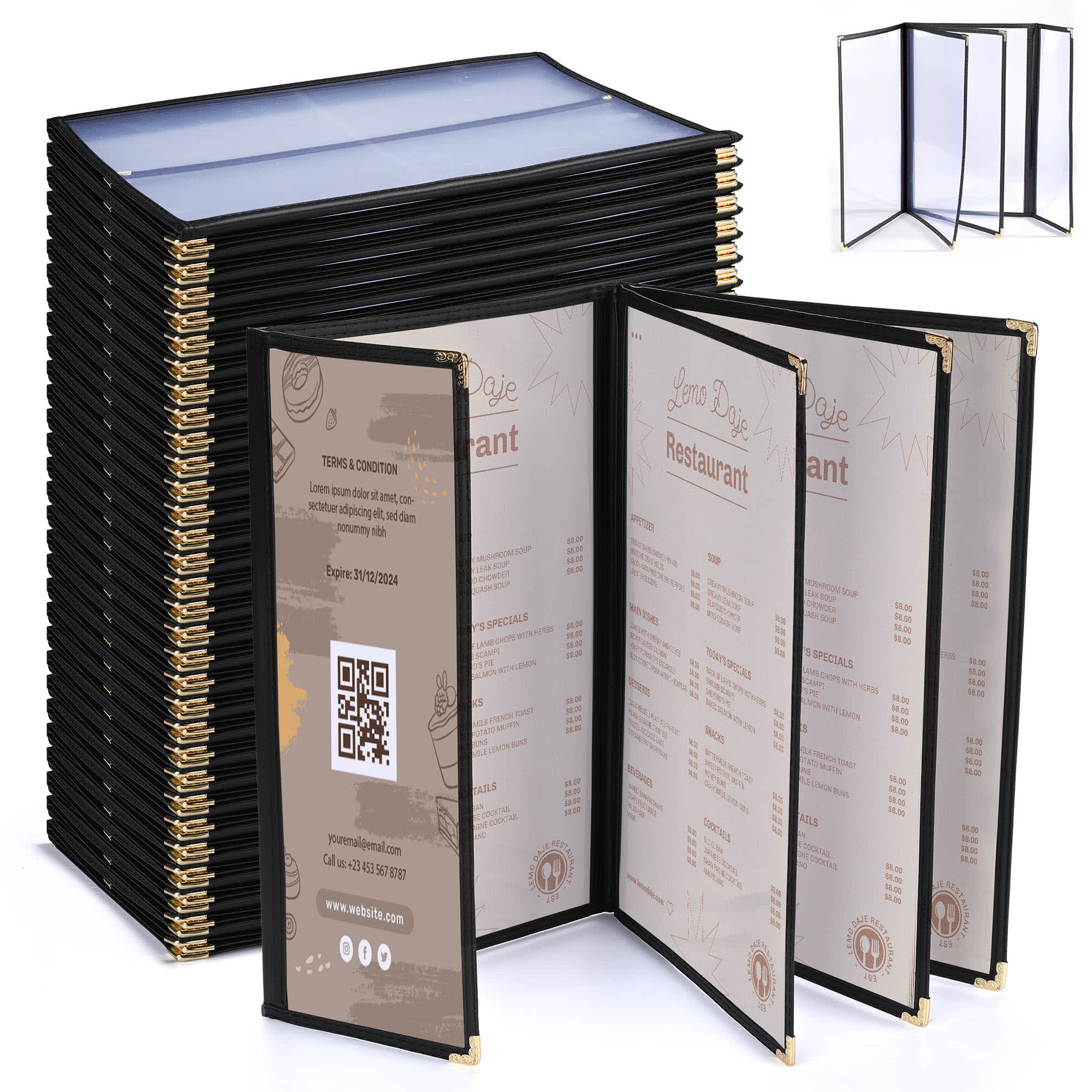 Yescom 26MNC031-14BH5-06-LO WeChef 30 Pack Restaurant Menu Covers 8.5x14IN 4 Page 8 View and 4.25x14IN Half Page Wine List Menu Holder Cafe Hotel Bar