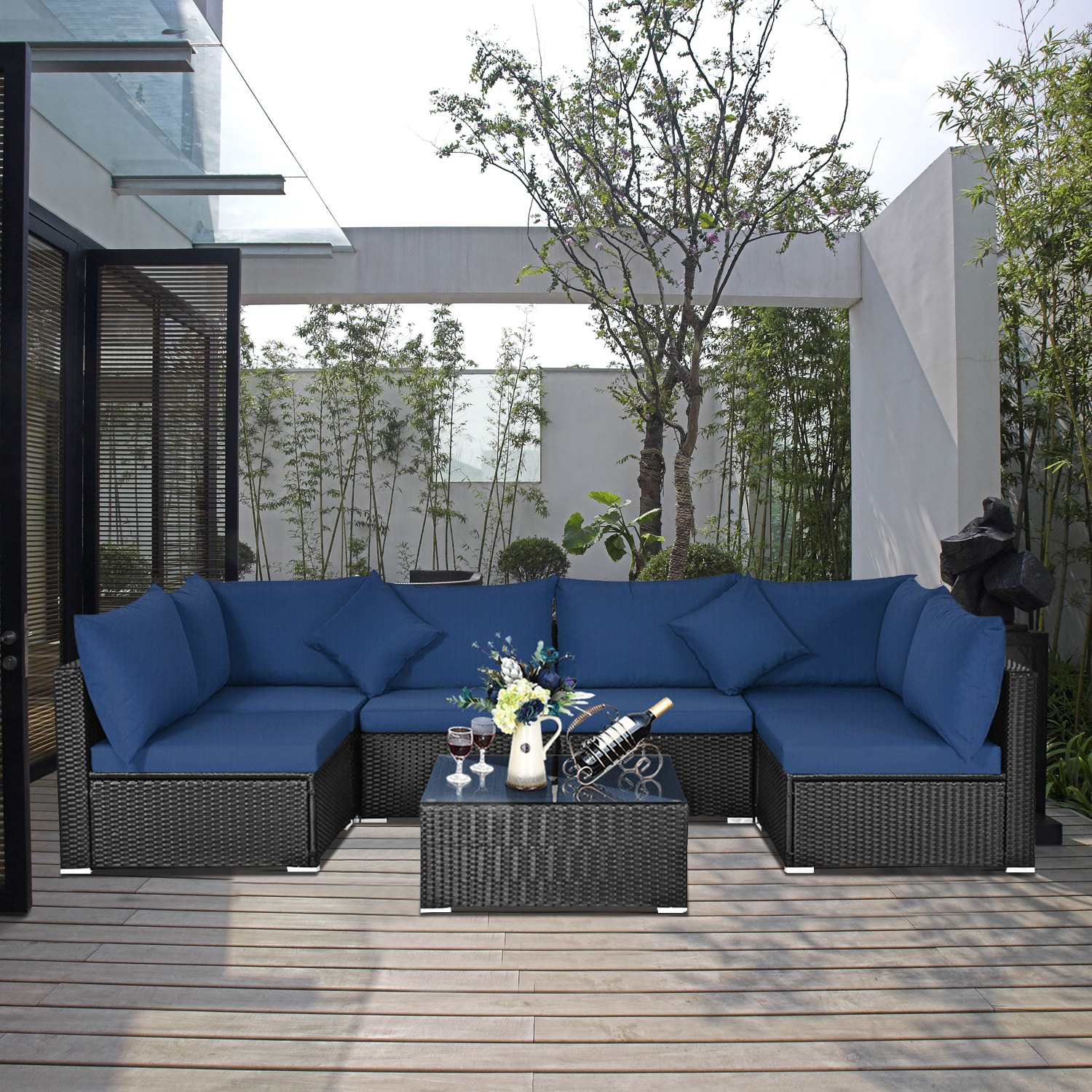Forclover CBE-7PS0014NY 7-Piece Rattan Patio Conversation Set 7 -Piece Rattan Patio Conversation Set with Navy Cushions