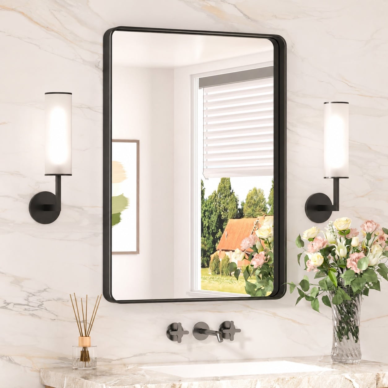 AOIZGMY  Black Bathroom Mirror 20 x 30 Inch Rounded Rectangle Matte Frame HD Tempered Glass Vanity Mirror for Over Sink Modern Farmhouse Style