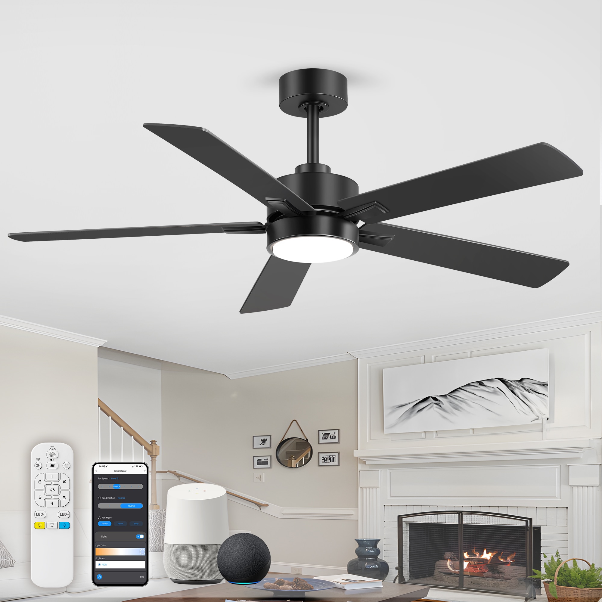 Breezary Smart 52-in APP Black LED Ceiling Fan With Light and Remote Control Included