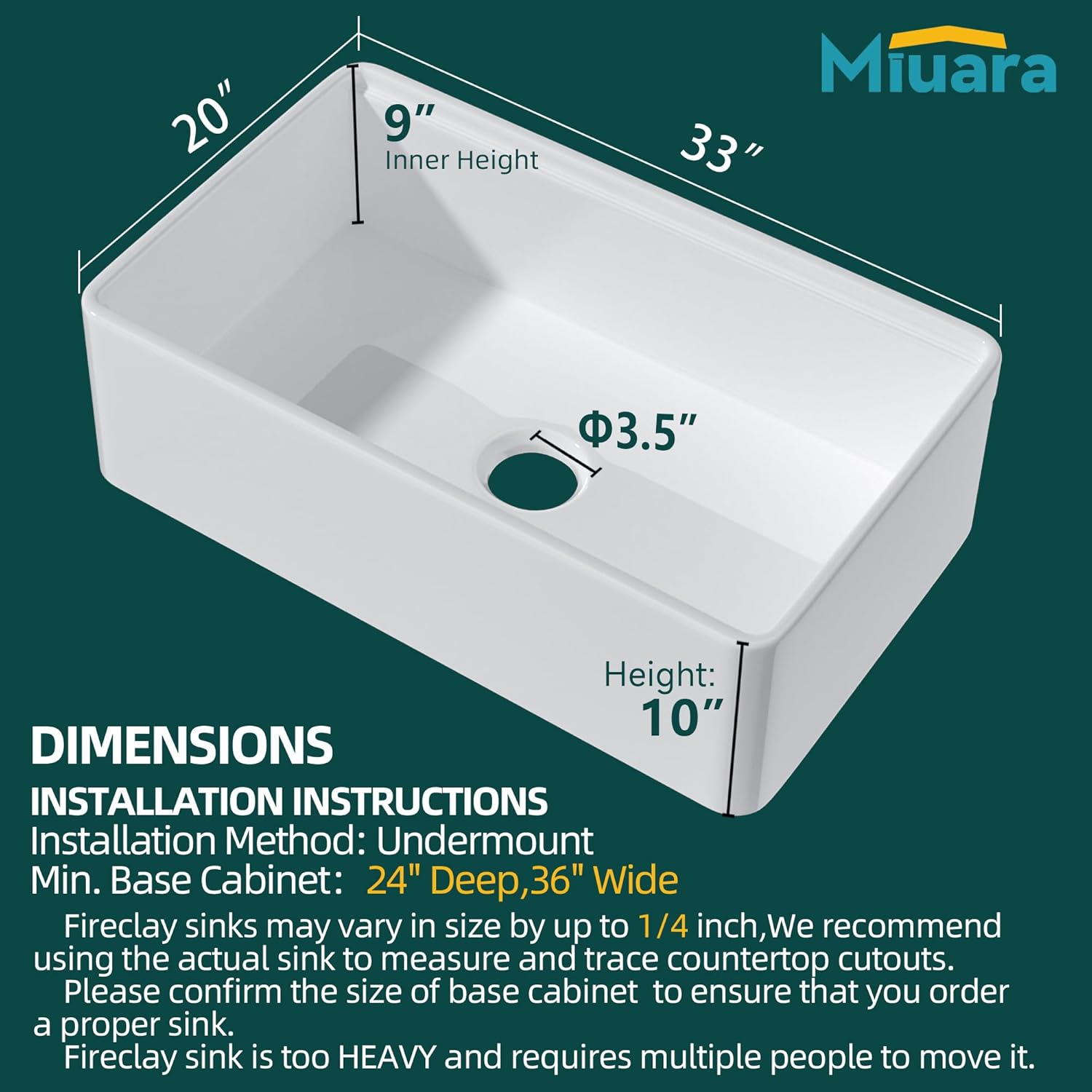 Miuara Farmhouse Apron Front 33-in x 20-in Single Bowl Fireclay