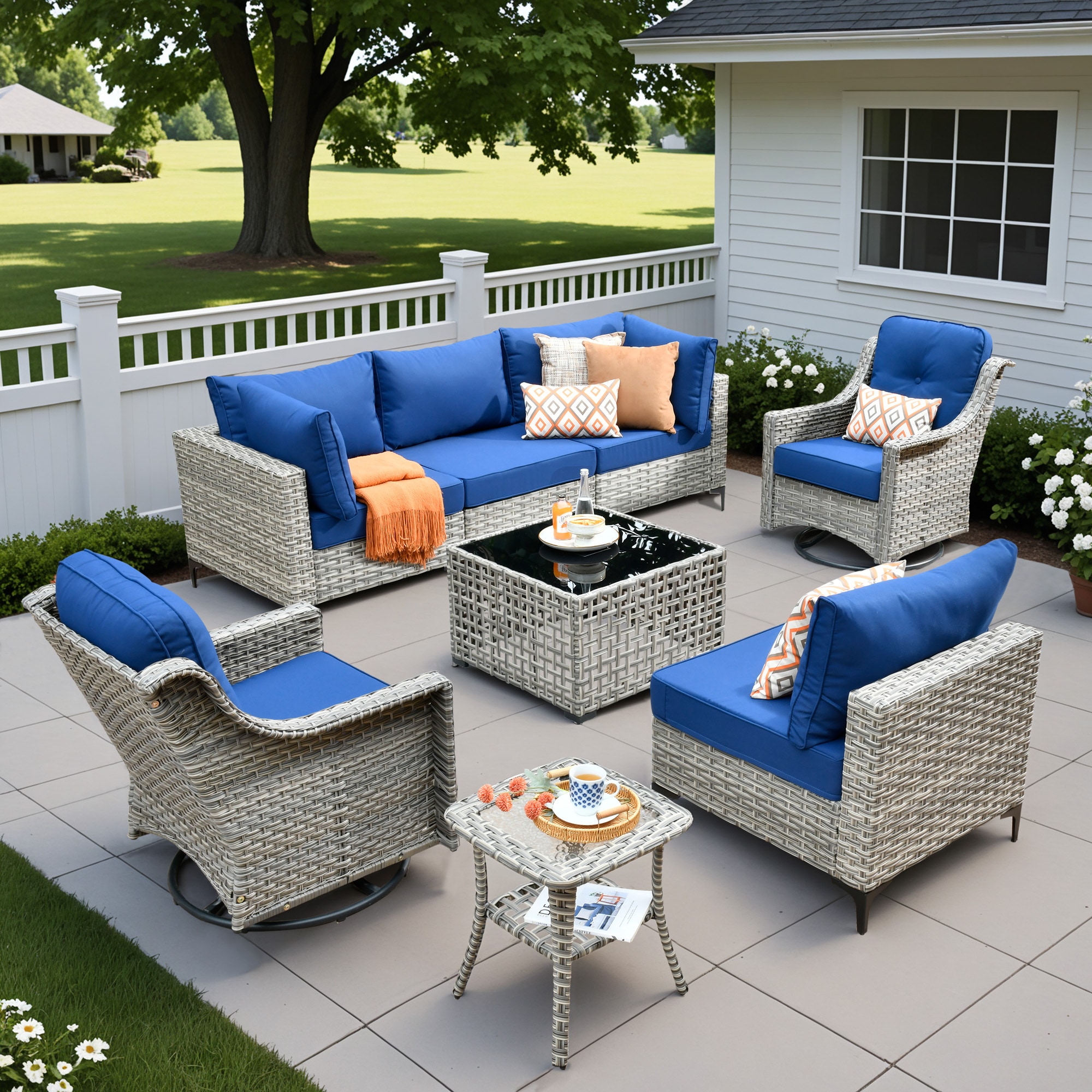ALTRIGUS 6L-YZSKT708-AL 8 -Piece Wicker Patio Sofa Conversation Set with Navy Cushions