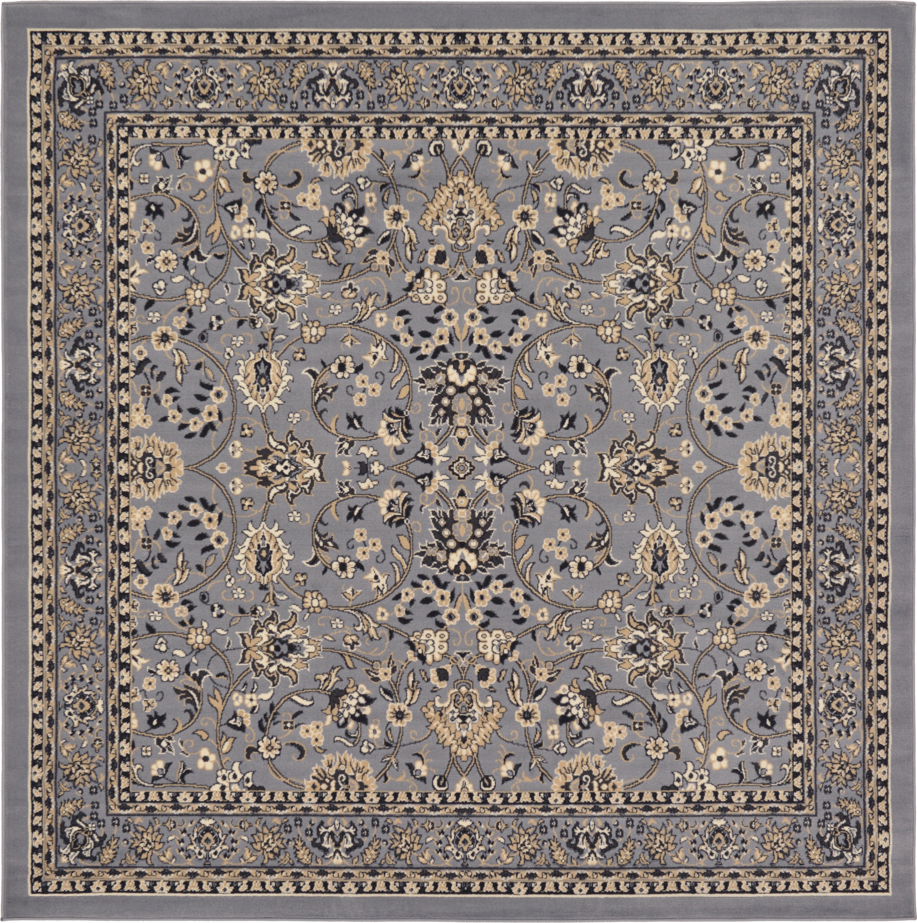Unique Loom 3124971 Washington Sialk Hill 8 x 8 (ft) Loomed Polypropylene Gray/Ivory Square Indoor Floral/Botanical Vintage Area rug