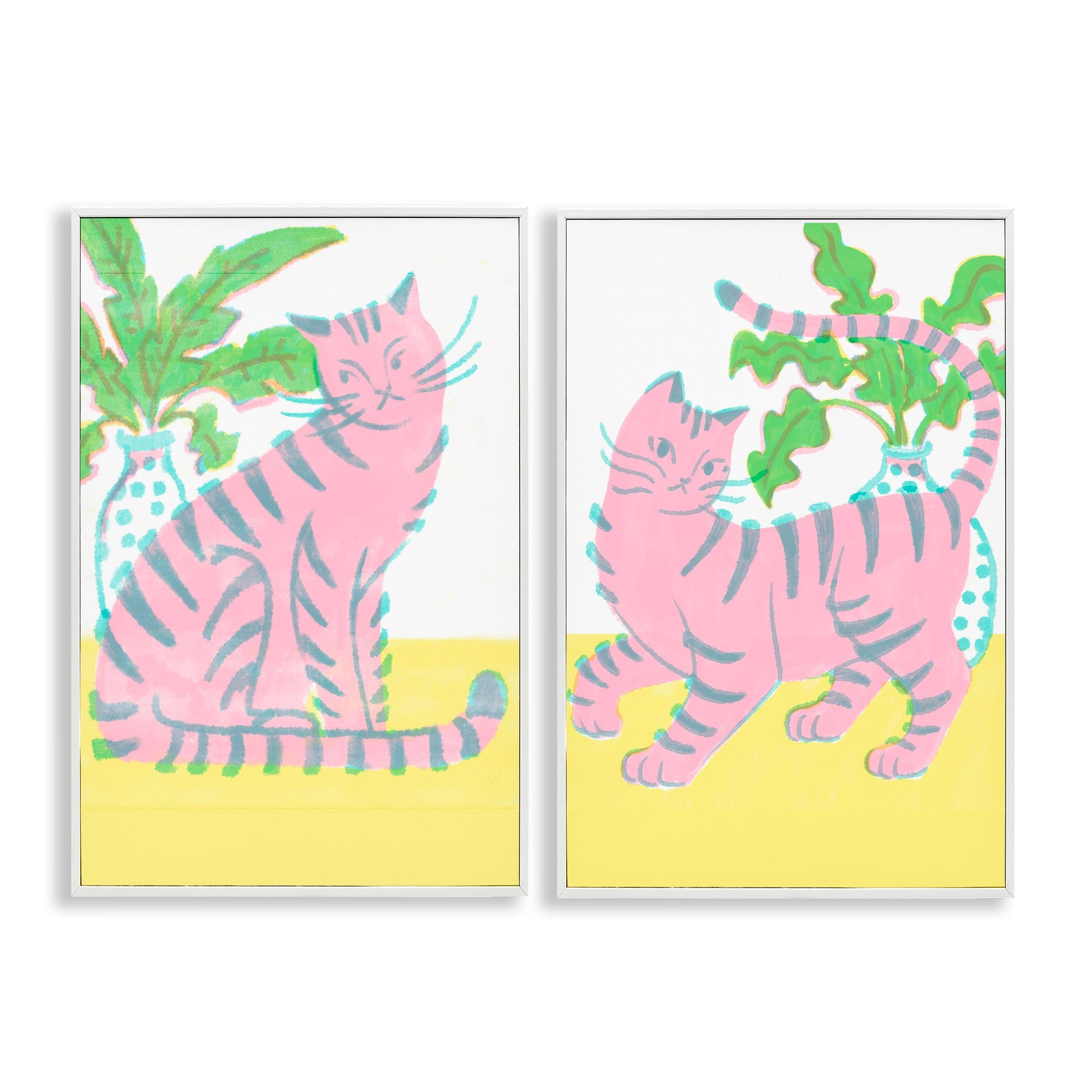 Stupell Industries B2-890-WFR-2PC-12X18 Pastel Pink Cats and Plants 2 Piece White Framed Giclee Art Set By Hannah Moren 12 x 18
