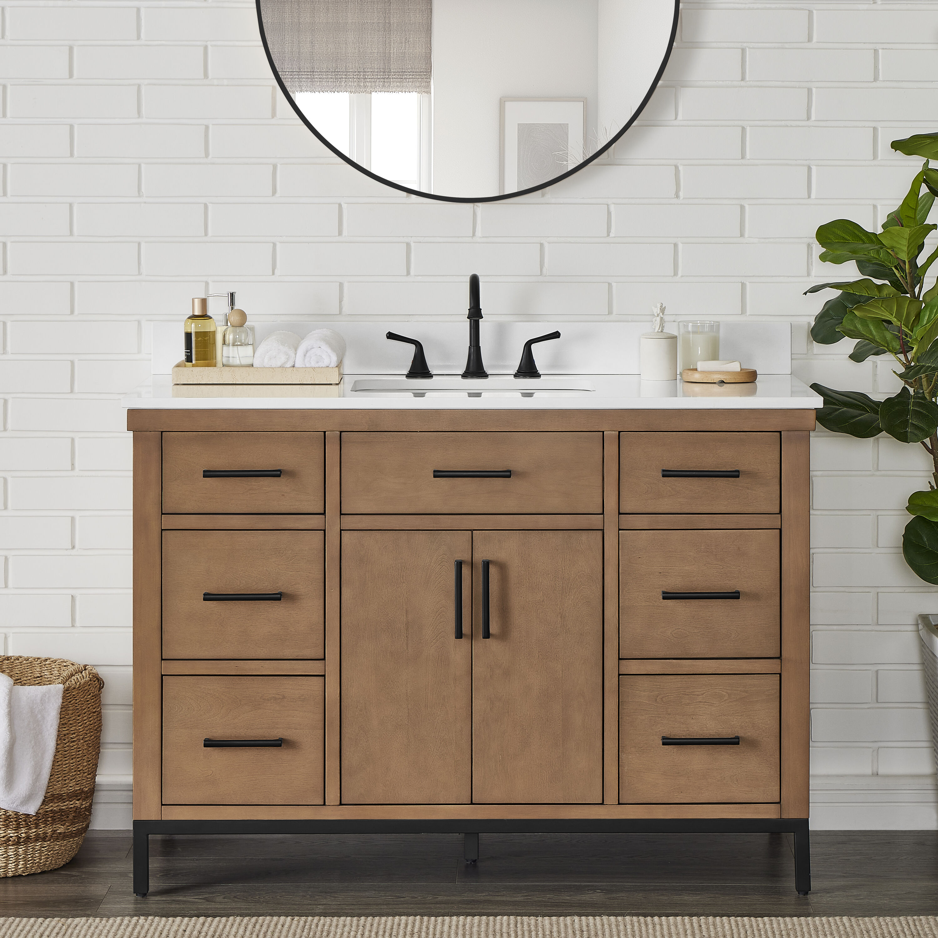 Runfine RF110443 48-in Gunny Undermount Single Sink Bathroom Vanity with Pure White Engineered Stone Top