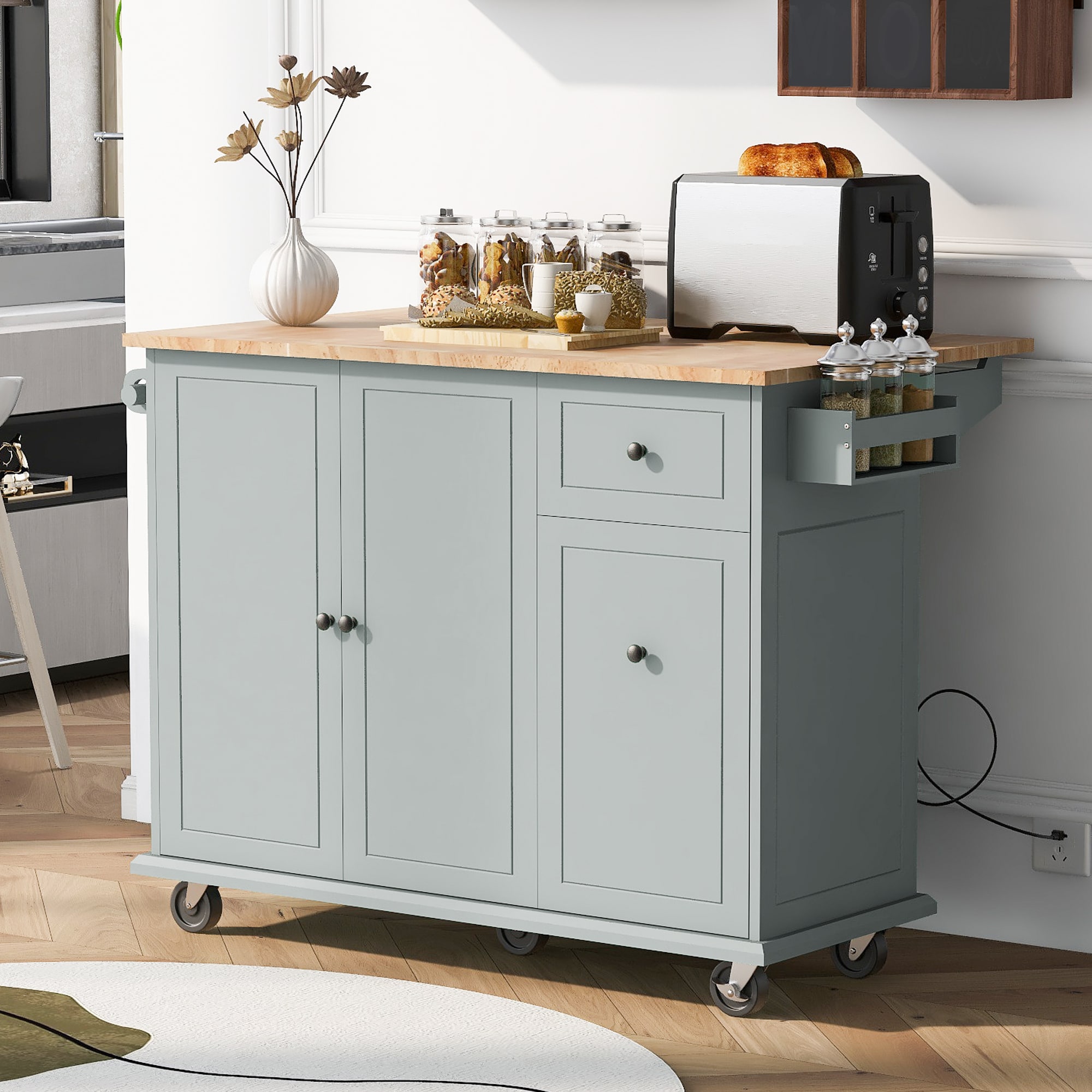 Runesay Blue Wood Base with Wood Top Rolling Kitchen Island (28.74-in x 53.94-in x 36.81-in)