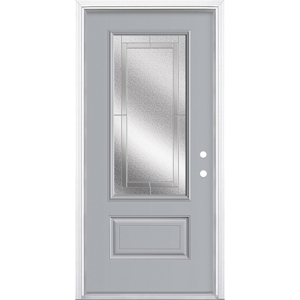 Masonite 3419879 Focus 36-in x 80-in x 4-9/16-in Fiberglass Full lite Left-hand inswing Infinity Gray Painted Prehung Single door Front Door with Brickmould Insulating core Decorative glass