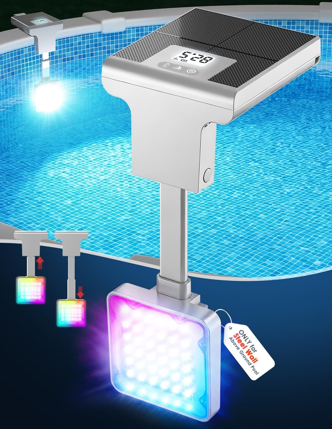Oyezvary 2 in 1 Solar Pool Light with LCD Thermometer for Steel Wall Above Ground Pools Fits Top Rails 4.6 to 9.2 in 1 Piece 10 Light Modes #LOZ0407P06