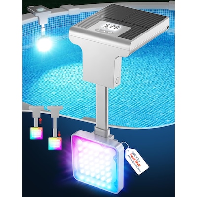 Oyezvary LOZ0407P06 2 in 1 Solar Pool Light with LCD Thermometer for Steel Wall Above Ground Pools Fits Top Rails 4.6 to 9.2 in 1 Piece 10 Light Modes
