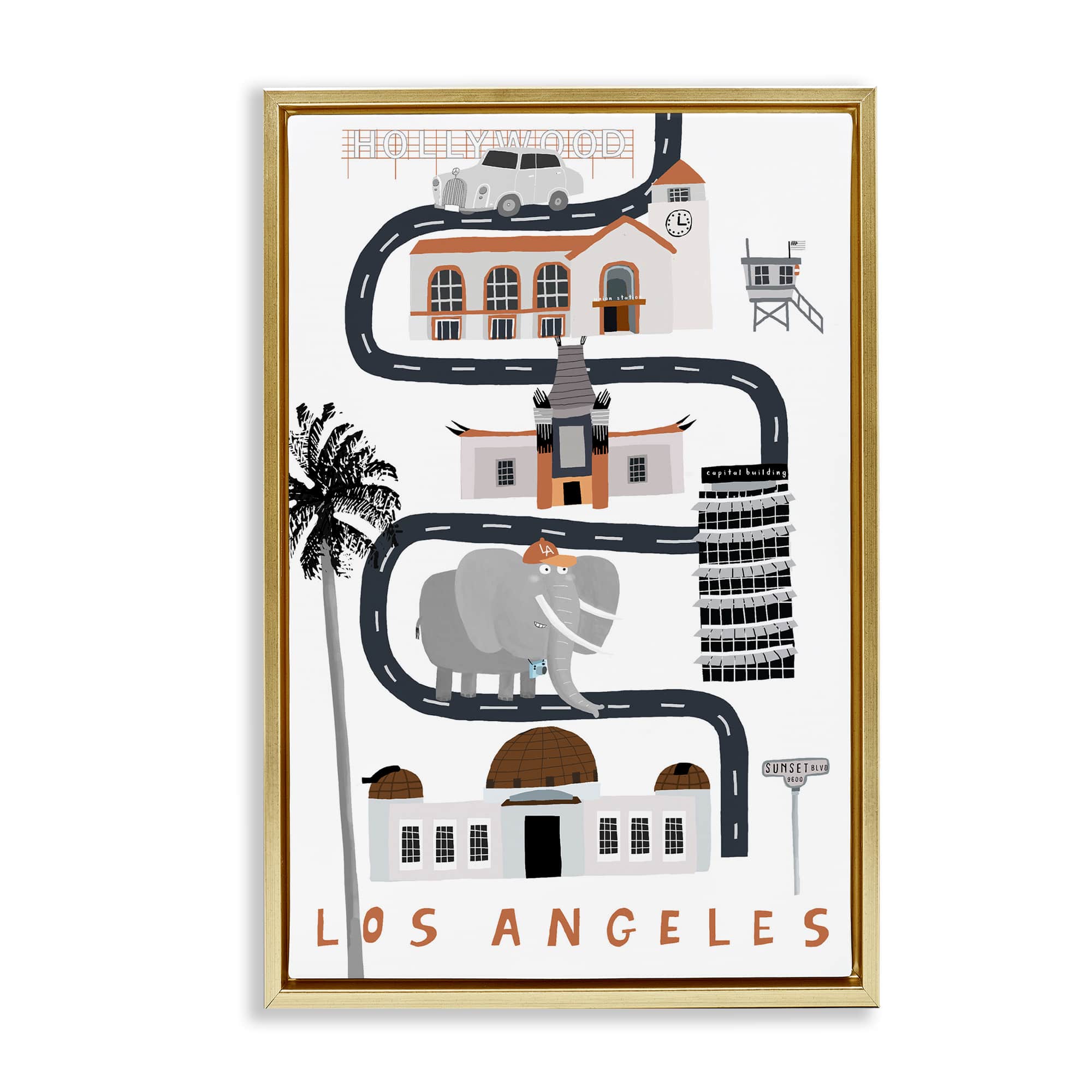 Stupell Industries BT-249-FFG-16X24 Los Angeles Whimsical Travel City Gold Framed Floater Canvas Wall Art By Carla Daly 17 x 25